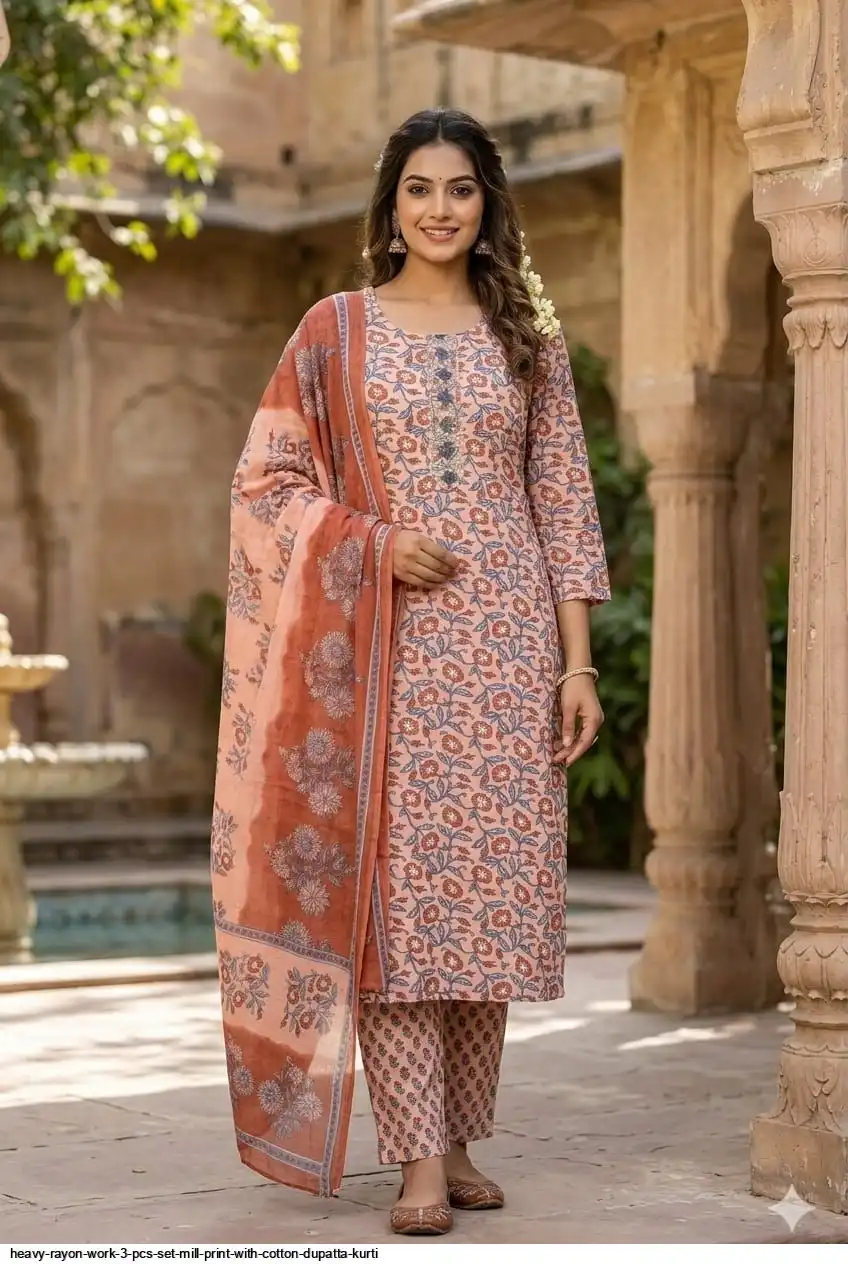 HEAVY RAYON WORK 3 PCS SET MILL PRINT WITH COTTON DUPATTA KURTI 12
