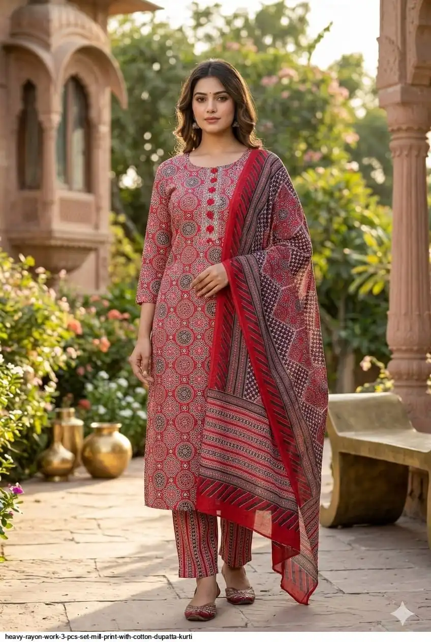 HEAVY RAYON WORK 3 PCS SET MILL PRINT WITH COTTON DUPATTA KURTI 11
