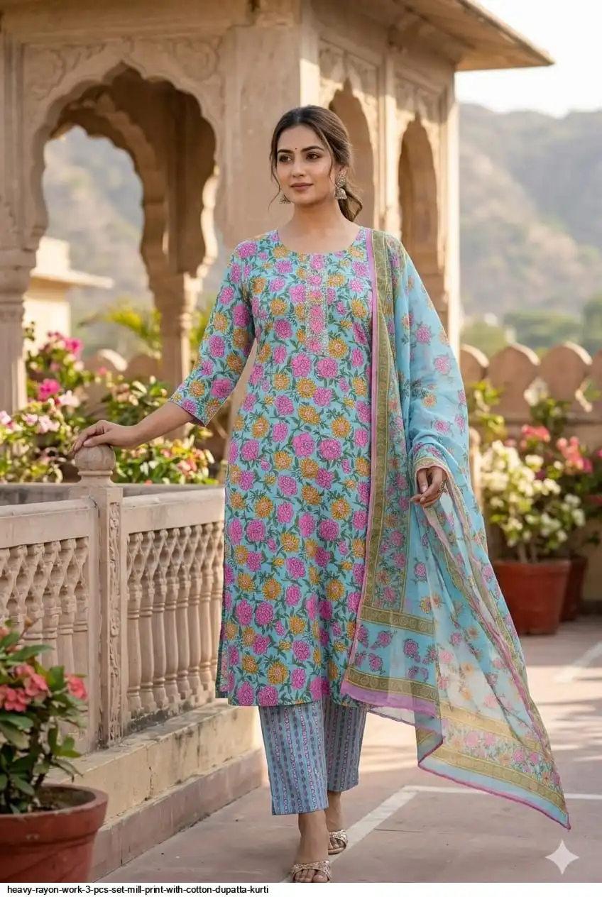 HEAVY RAYON WORK 3 PCS SET MILL PRINT WITH COTTON DUPATTA KURTI 13