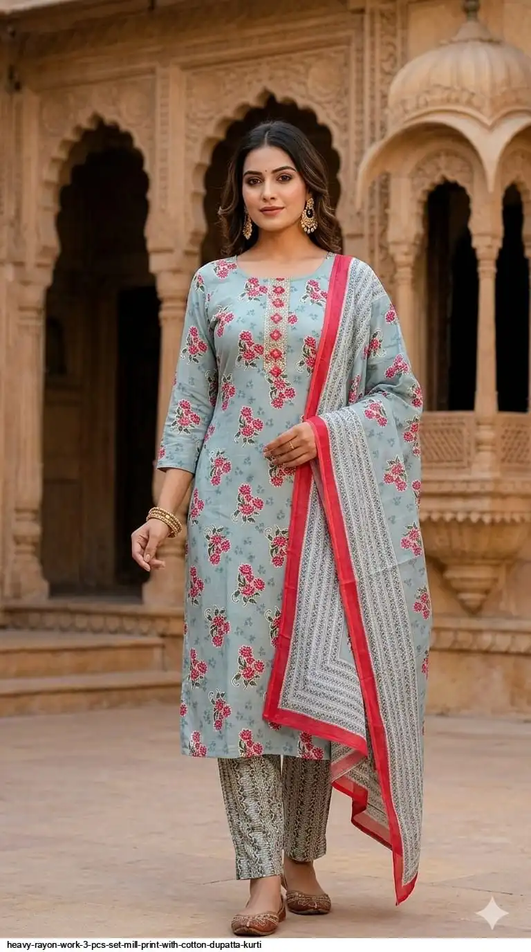 HEAVY RAYON WORK 3 PCS SET MILL PRINT WITH COTTON DUPATTA KURTI 14