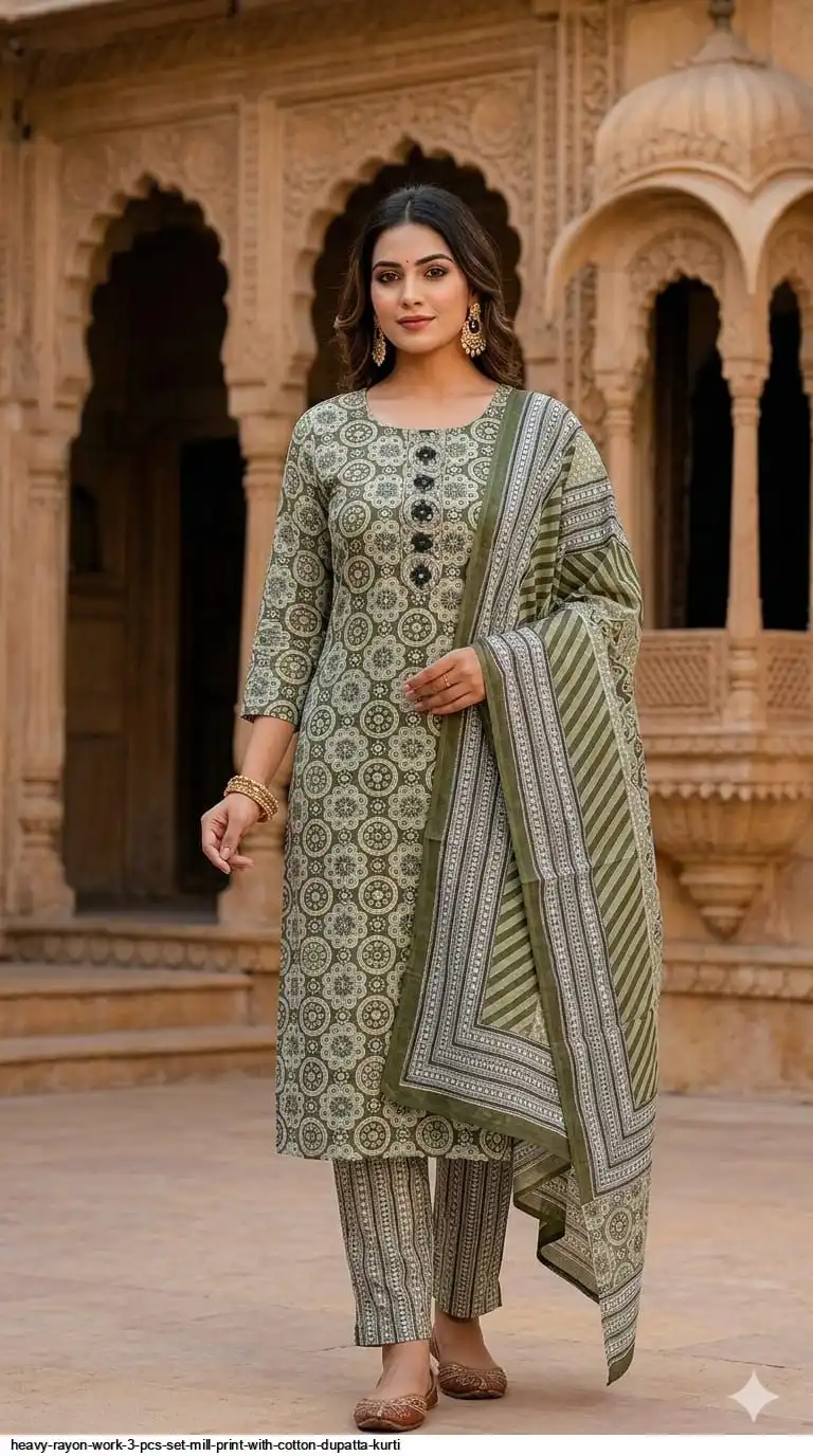 HEAVY RAYON WORK 3 PCS SET MILL PRINT WITH COTTON DUPATTA KURTI 15