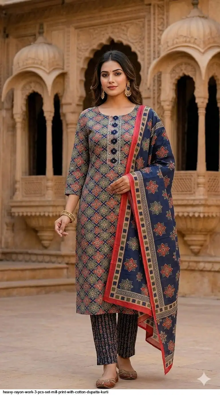 HEAVY RAYON WORK 3 PCS SET MILL PRINT WITH COTTON DUPATTA KURTI 16