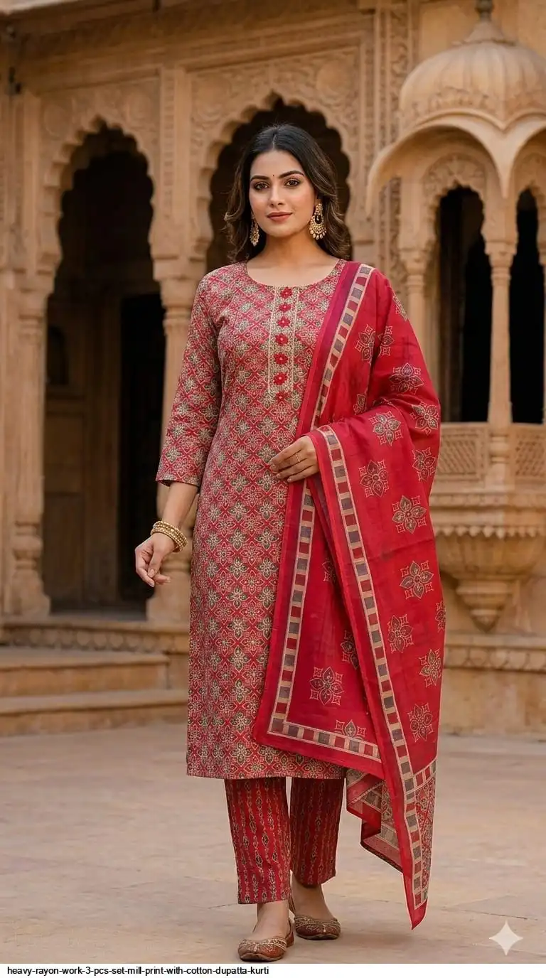 HEAVY RAYON WORK 3 PCS SET MILL PRINT WITH COTTON DUPATTA KURTI 17