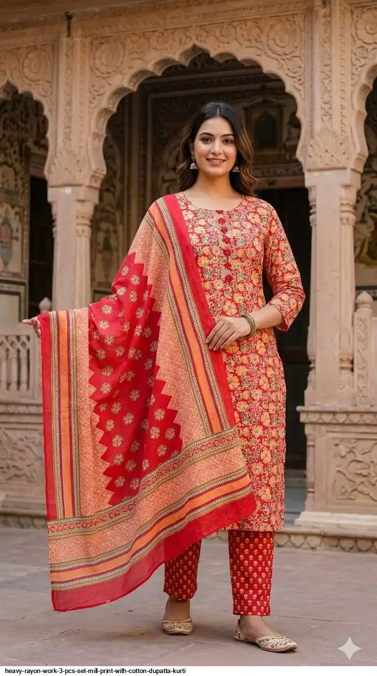 HEAVY RAYON WORK 3 PCS SET MILL PRINT WITH COTTON DUPATTA KURTI 19