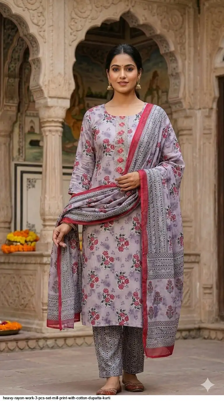 HEAVY RAYON WORK 3 PCS SET MILL PRINT WITH COTTON DUPATTA KURTI 18