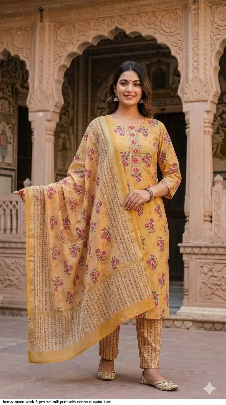 HEAVY RAYON WORK 3 PCS SET MILL PRINT WITH COTTON DUPATTA KURTI 22