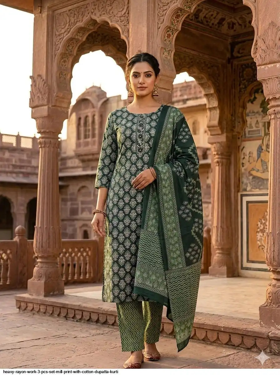 HEAVY RAYON WORK 3 PCS SET MILL PRINT WITH COTTON DUPATTA KURTI 21