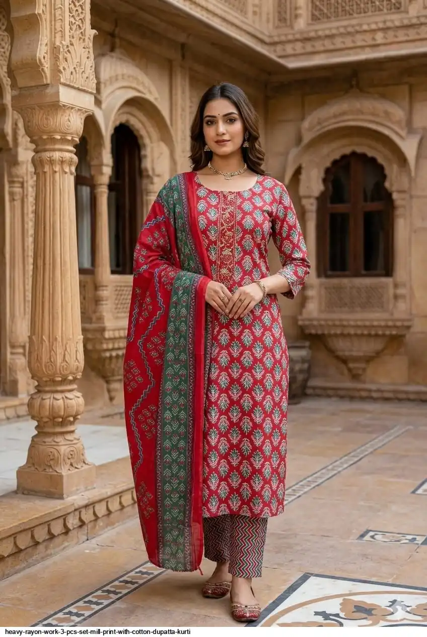 HEAVY RAYON WORK 3 PCS SET MILL PRINT WITH COTTON DUPATTA KURTI 20