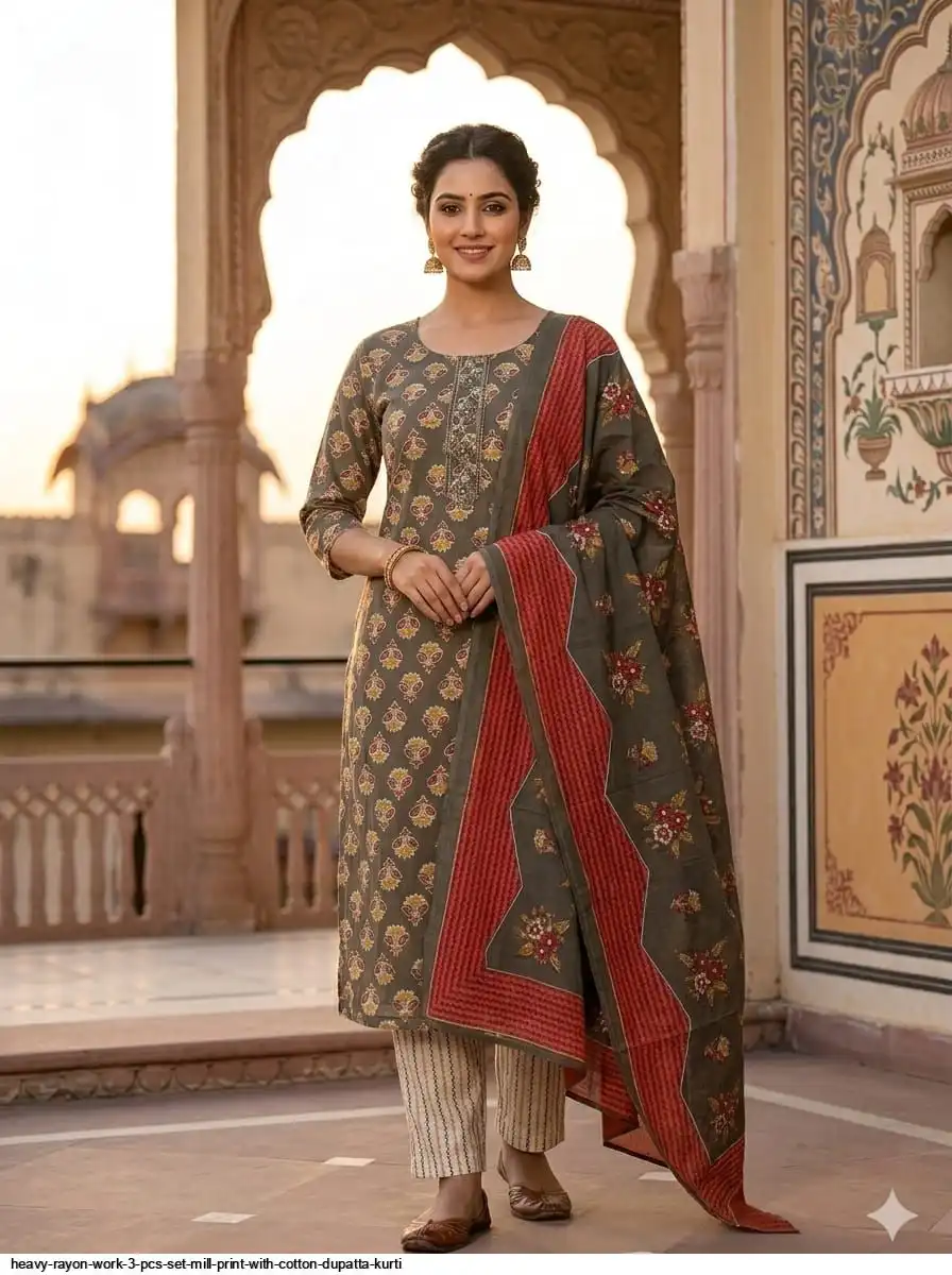 HEAVY RAYON WORK 3 PCS SET MILL PRINT WITH COTTON DUPATTA KURTI 23