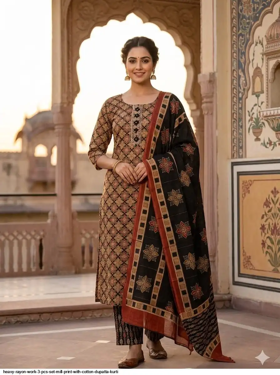 HEAVY RAYON WORK 3 PCS SET MILL PRINT WITH COTTON DUPATTA KURTI 24