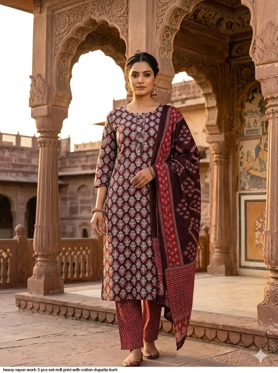 HEAVY RAYON WORK 3 PCS SET MILL PRINT WITH COTTON DUPATTA KURTI 25