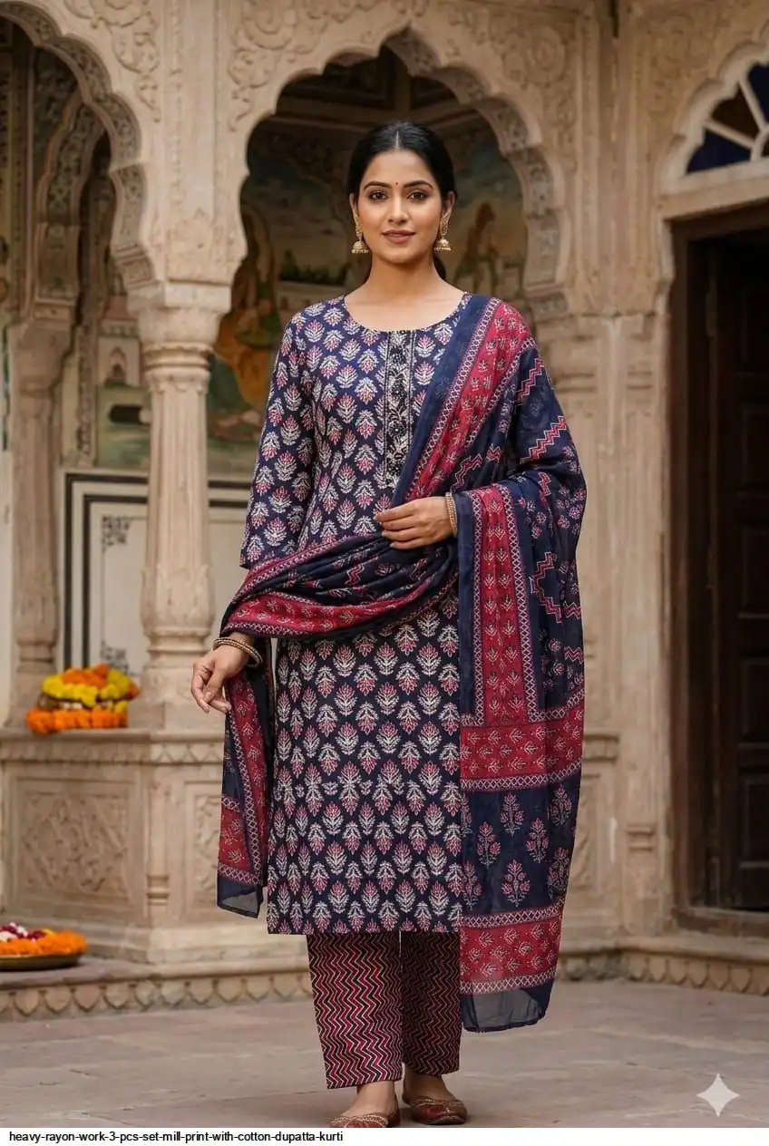 HEAVY RAYON WORK 3 PCS SET MILL PRINT WITH COTTON DUPATTA KURTI 26