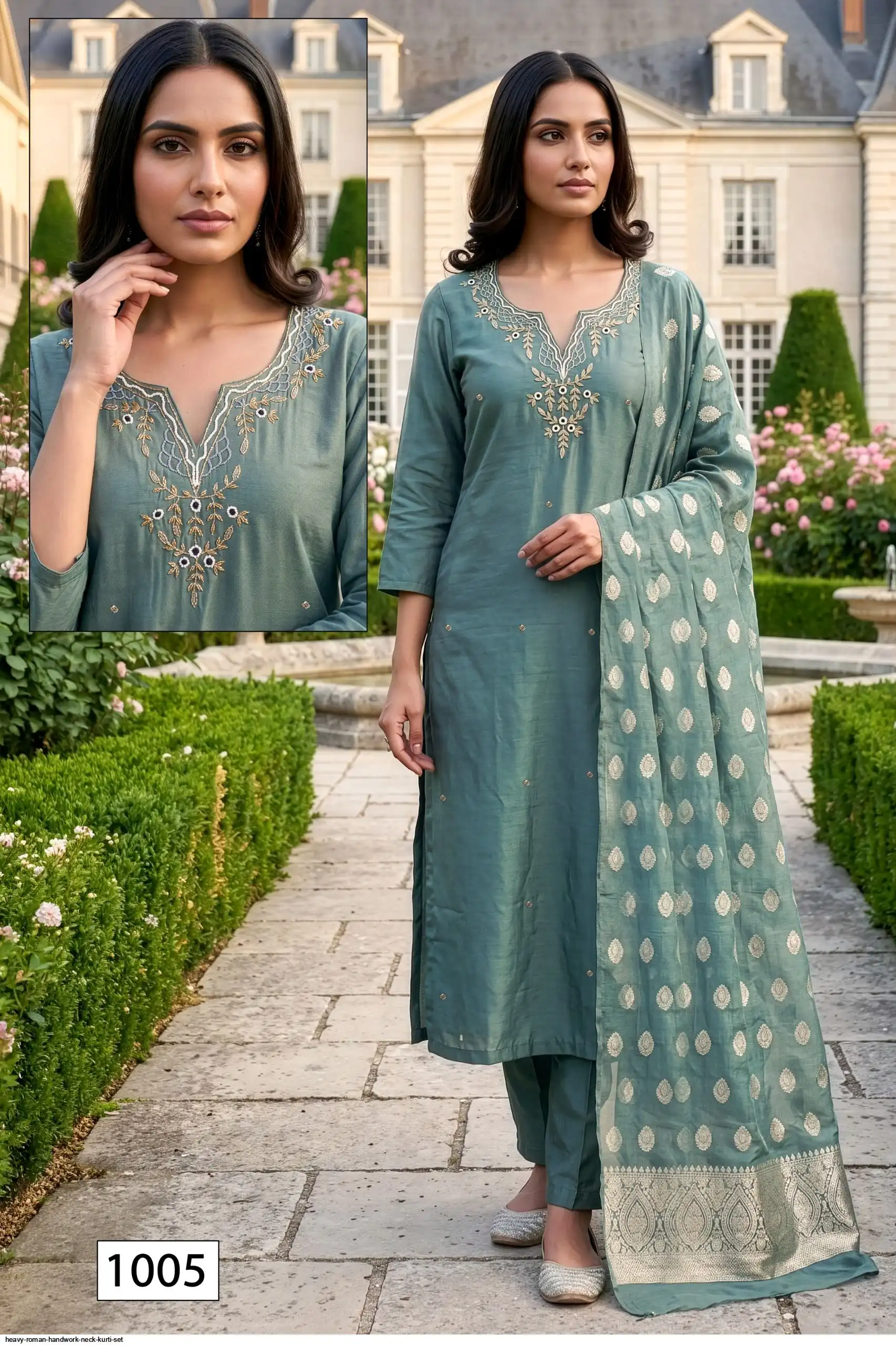 Heavy Roman Heavy Romal With Aster & Handwork Neck Chanderi Jacquard