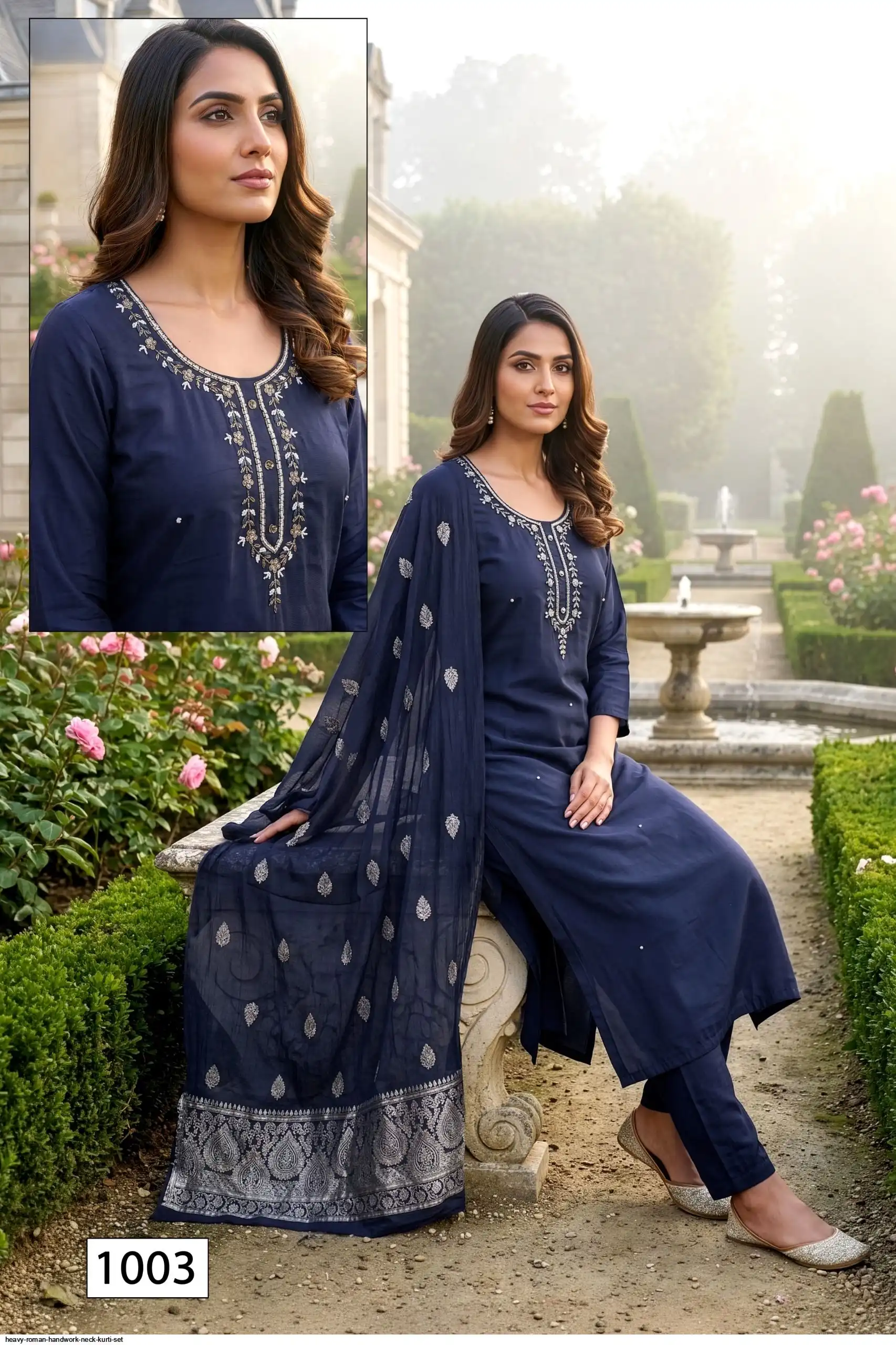 Heavy Roman Heavy Romal With Aster & Handwork Neck Chanderi Jacquard