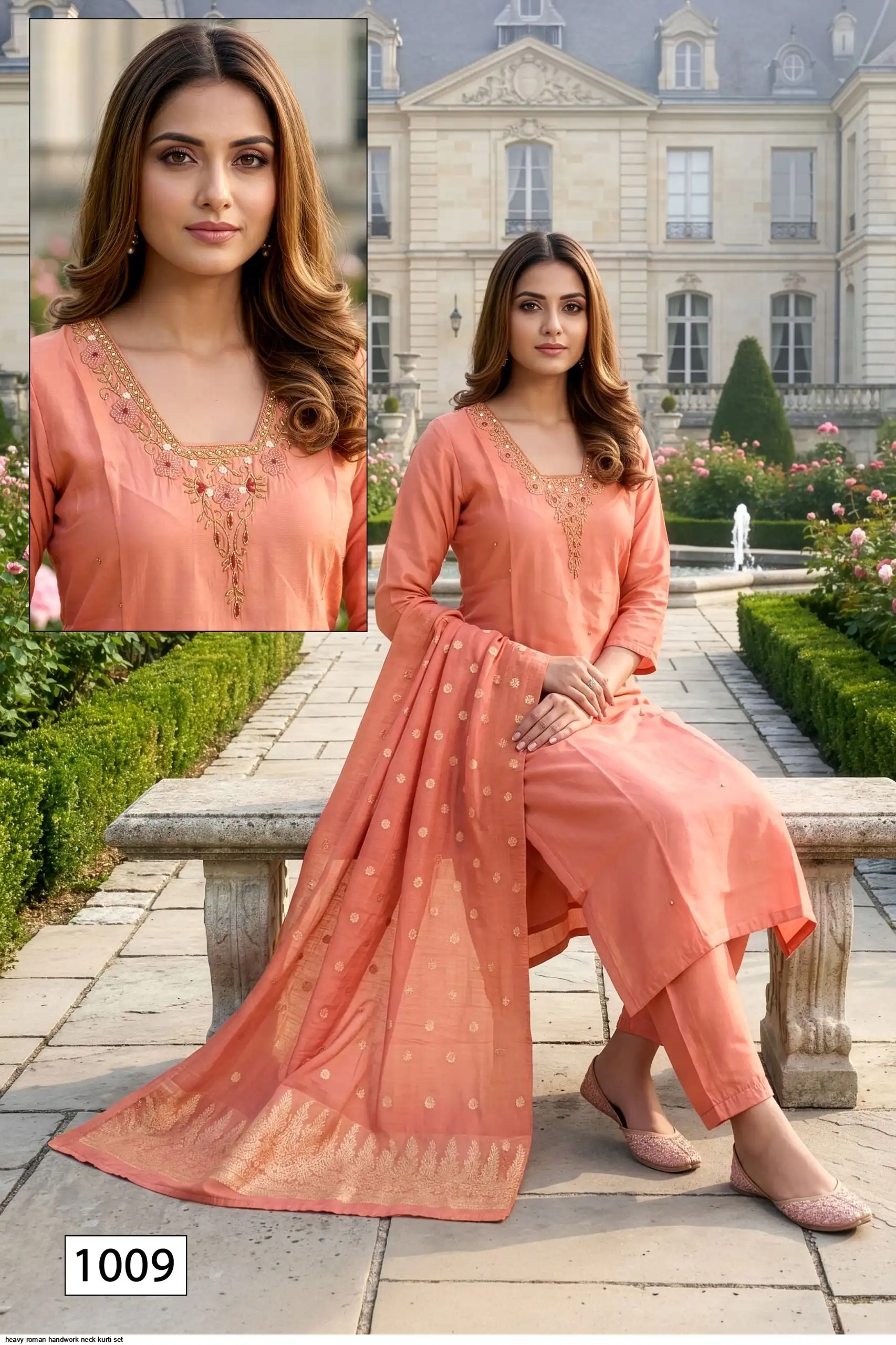 Heavy Roman Heavy Romal With Aster & Handwork Neck Chanderi Jacquard