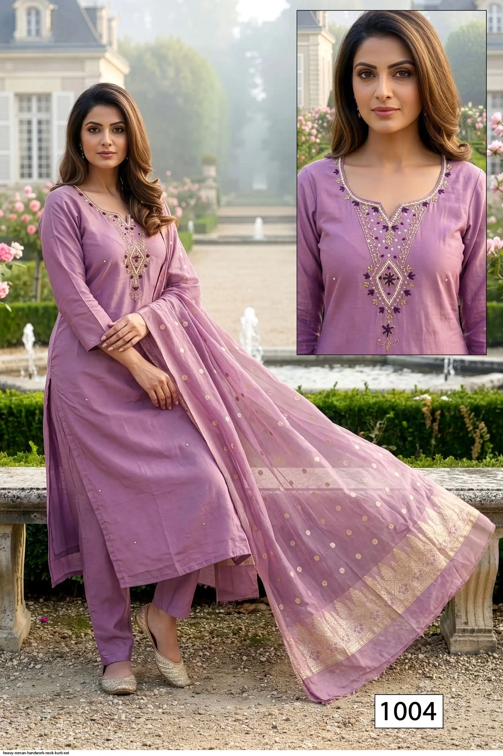 Heavy Roman Heavy Romal With Aster & Handwork Neck Chanderi Jacquard