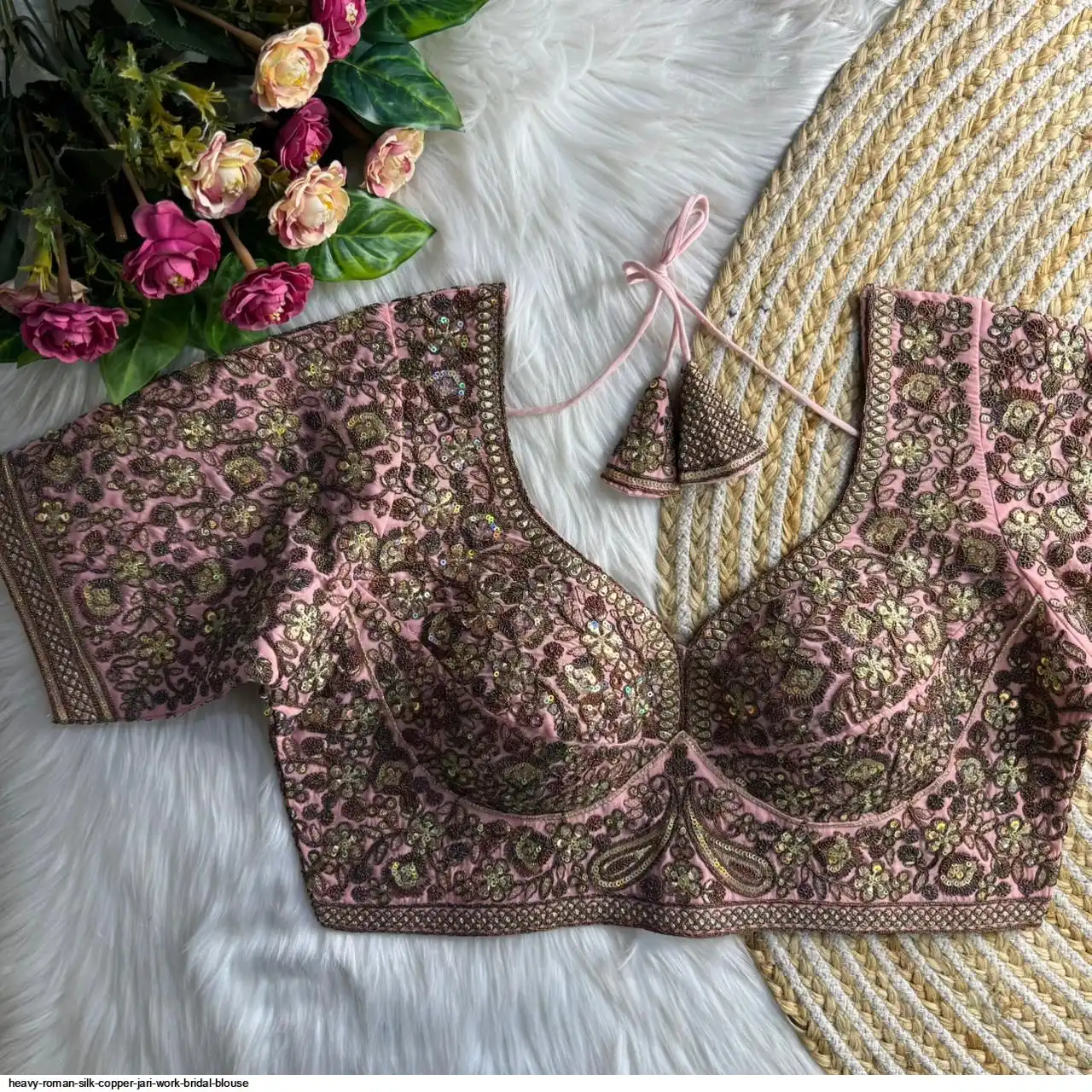 HEAVY ROMAN SILK COPPER JARI WORK BRIDAL BLOUSE C