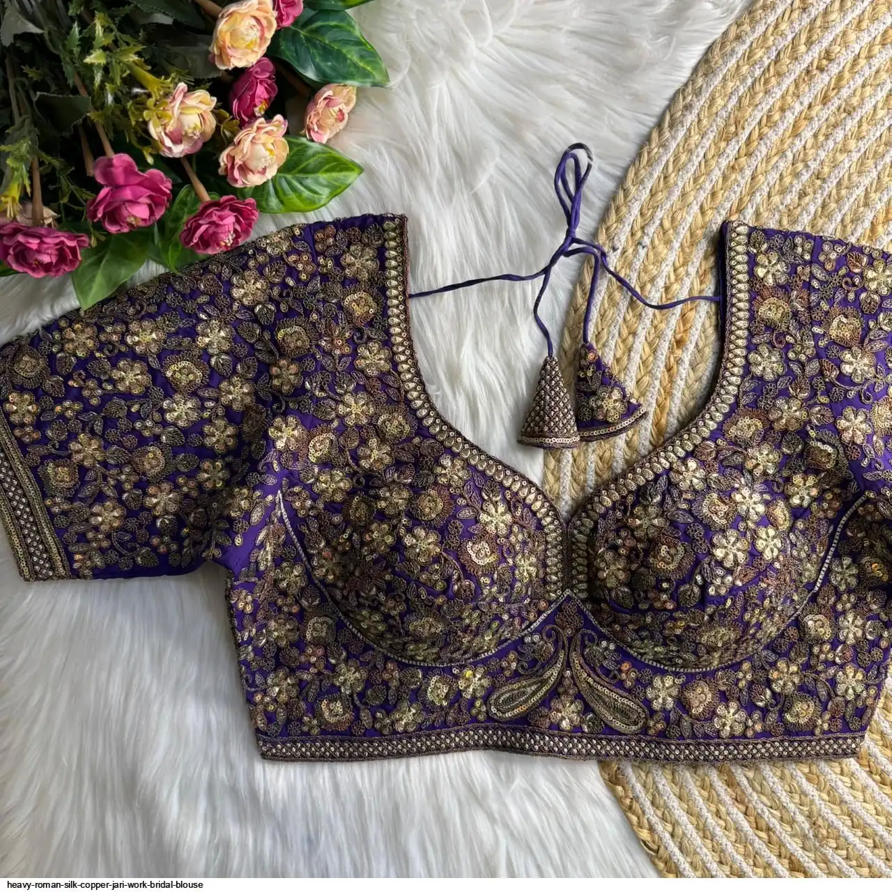 HEAVY ROMAN SILK COPPER JARI WORK BRIDAL BLOUSE E
