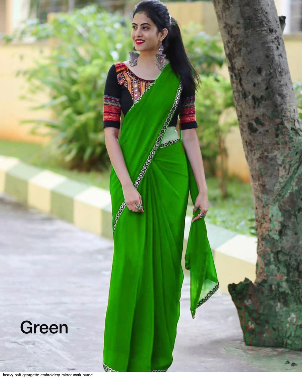 HEAVY SOFT GEORGETTE EMBROIDERY MIRROR WORK SAREE D