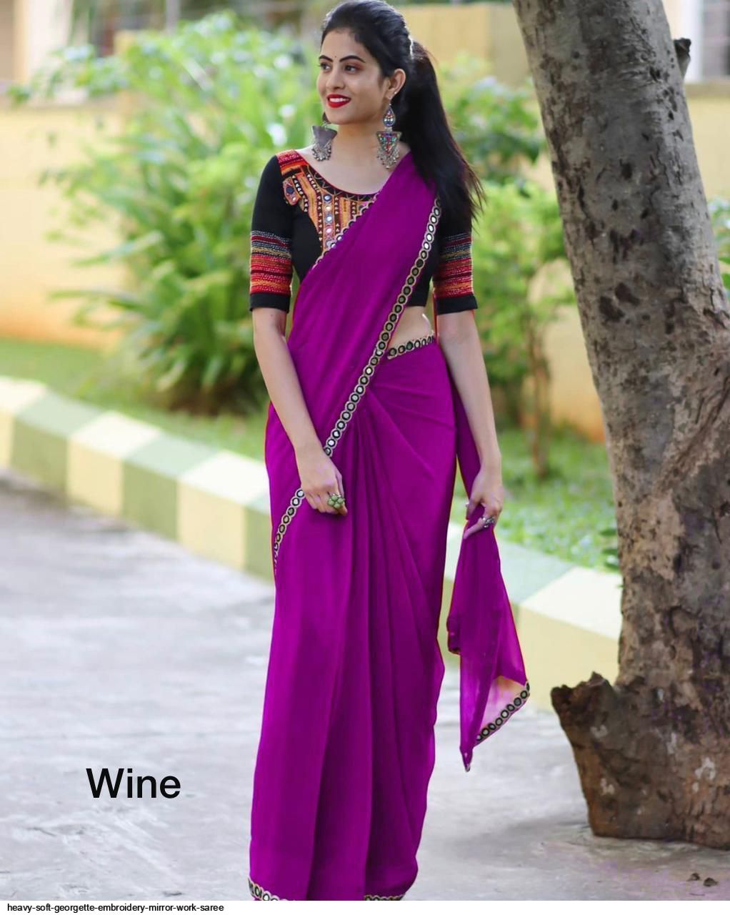 HEAVY SOFT GEORGETTE EMBROIDERY MIRROR WORK SAREE E