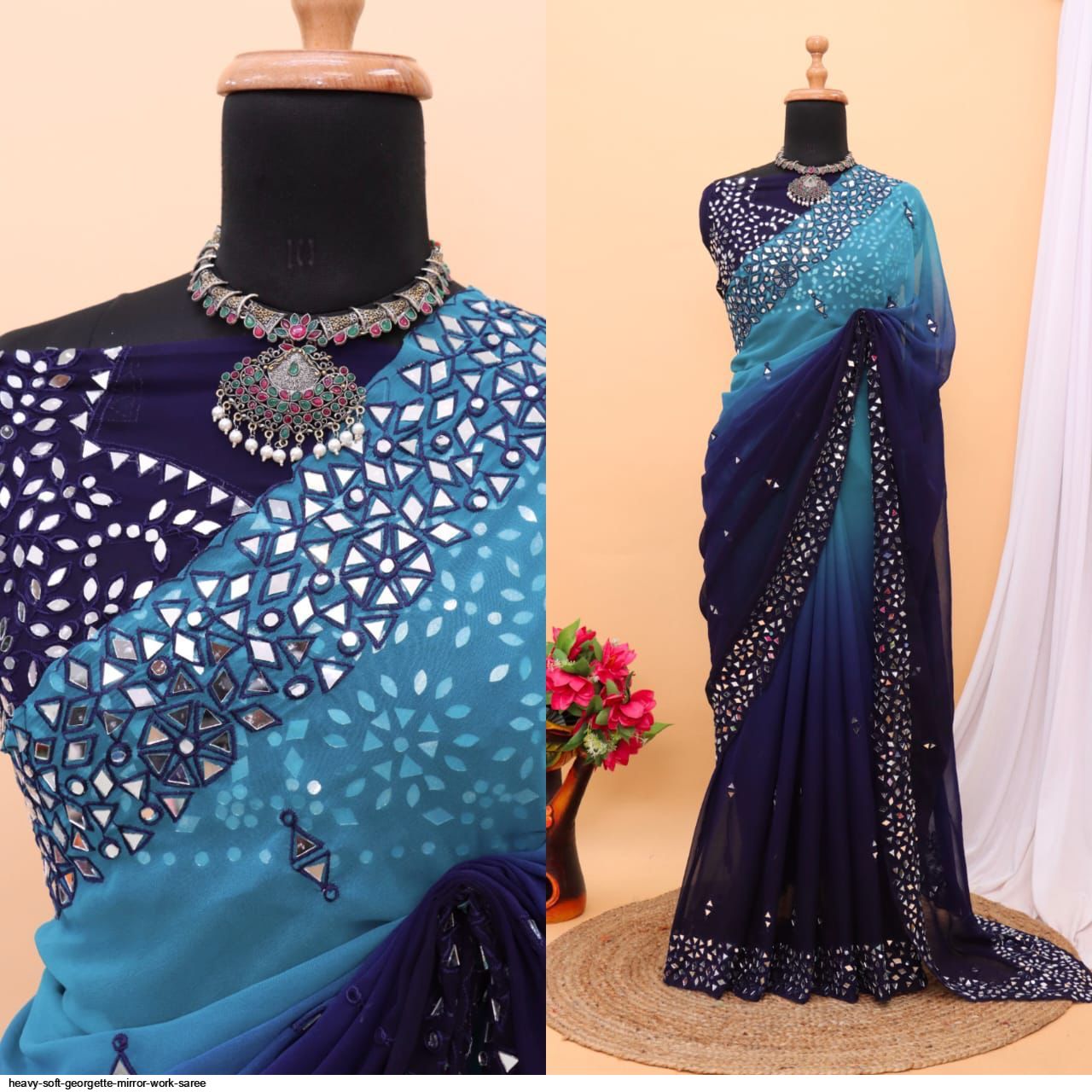 Black Georgette Saree with Pearl and Mirror Work Blouse - Priti Sahni -  East Boutique