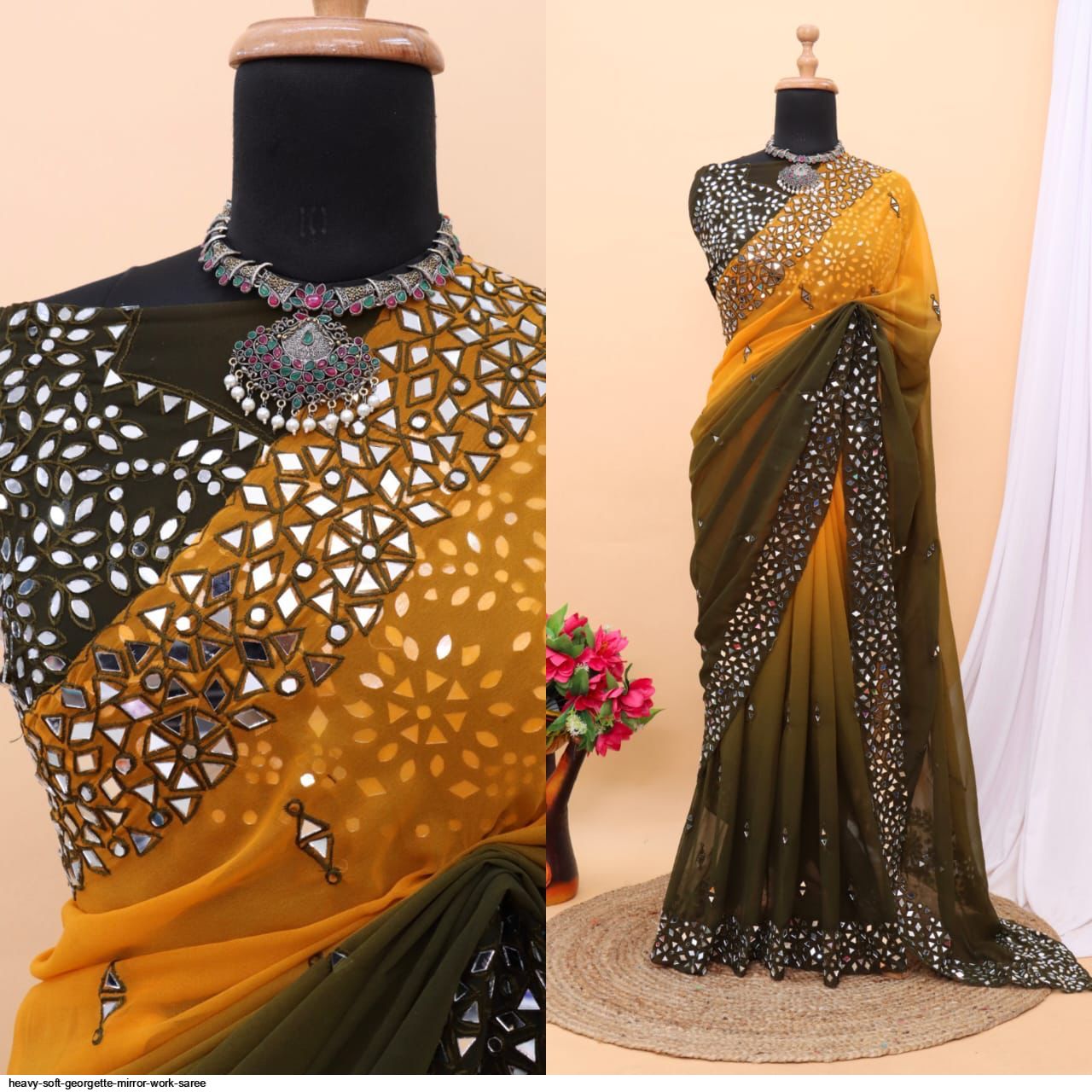 Full real mirror work georgette saree with mirror work sleeves and blouse  piece. Fabric : georgette Also available with matching Shapew