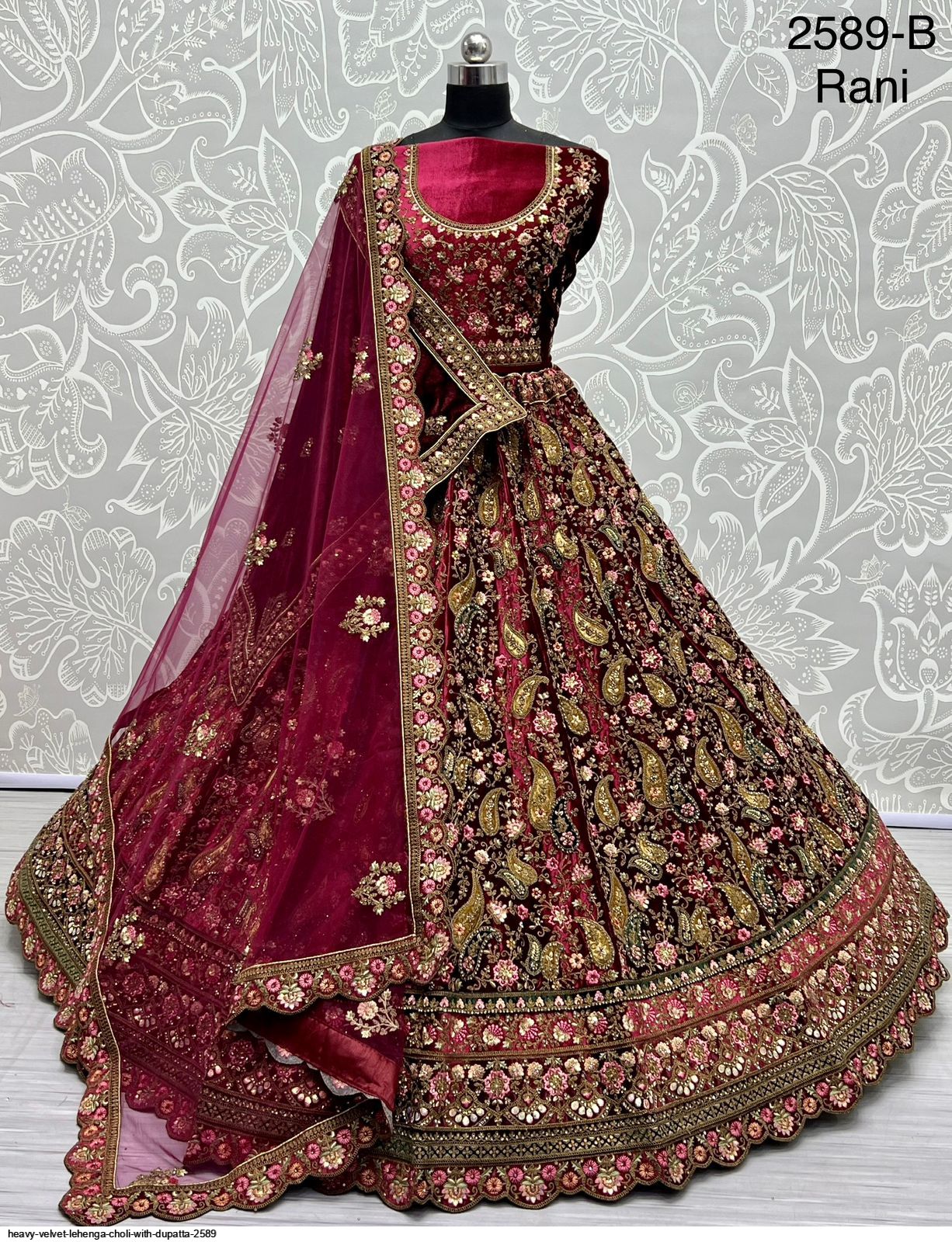 Resham Velvet Designer Lehenga Choli in Rust -