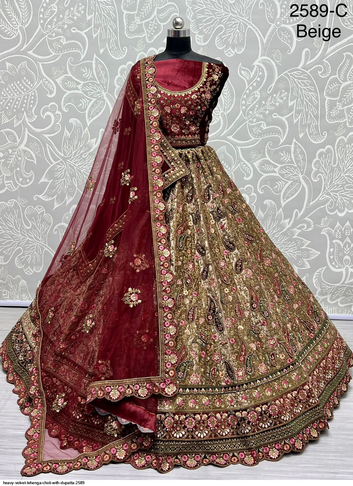 BRIDAL WEAR VELVET DESIGNER EMBROIDERY ZARI WORK LEHENGA CHOLI WITH DUPATTA  MAROON – Ethnicgarment