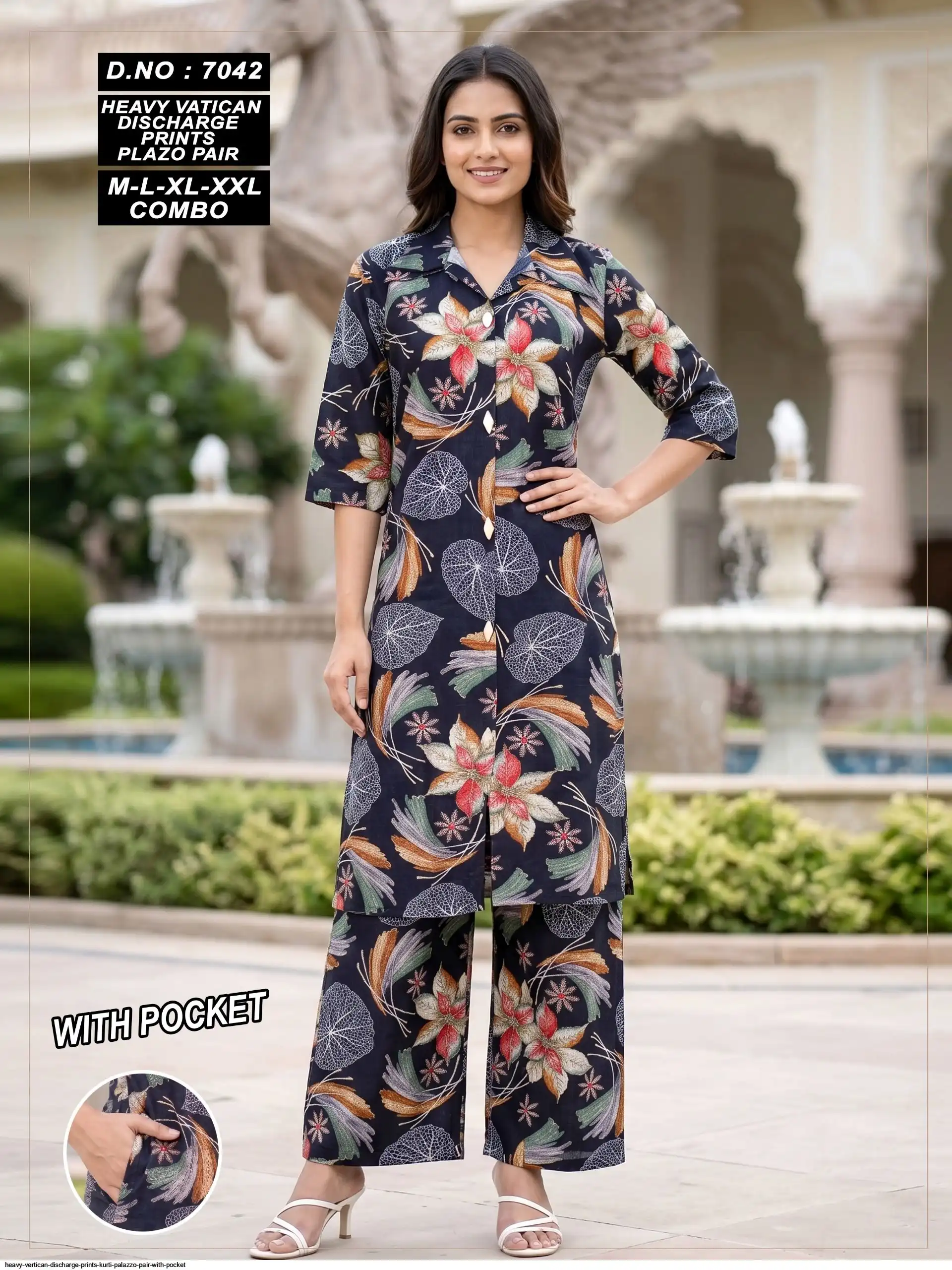 HEAVY VERTICAN DISCHARGE PRINTS KURTI PALAZZO PAIR WITH POCKET 7042