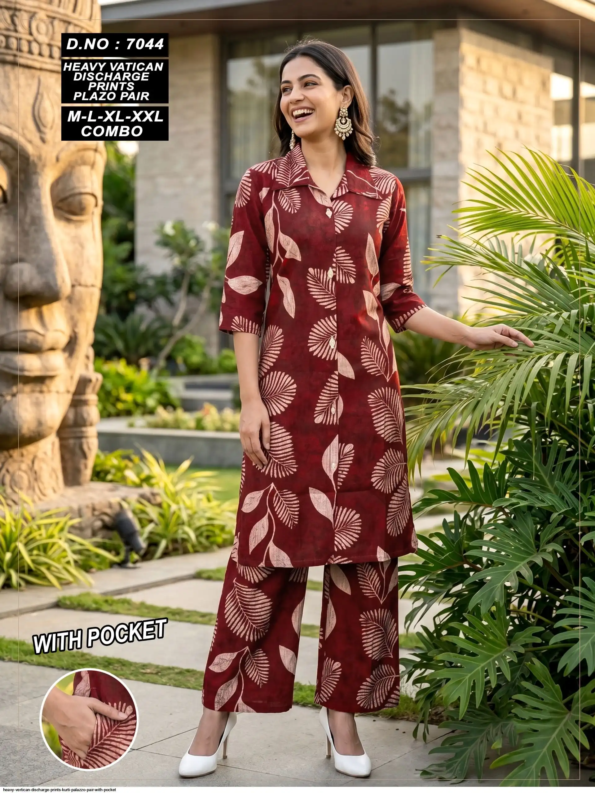 HEAVY VERTICAN DISCHARGE PRINTS KURTI PALAZZO PAIR WITH POCKET 7044