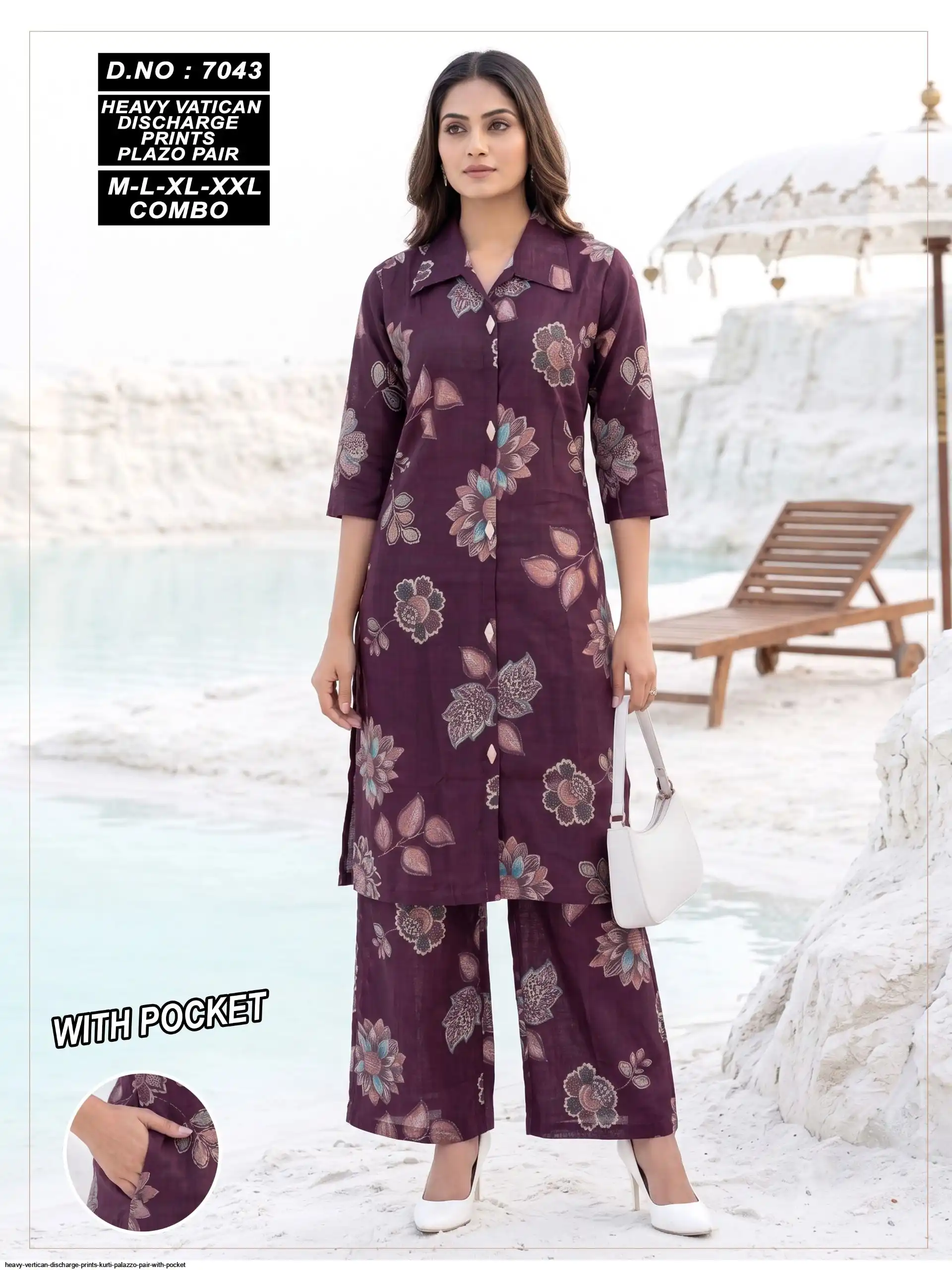 HEAVY VERTICAN DISCHARGE PRINTS KURTI PALAZZO PAIR WITH POCKET 7043