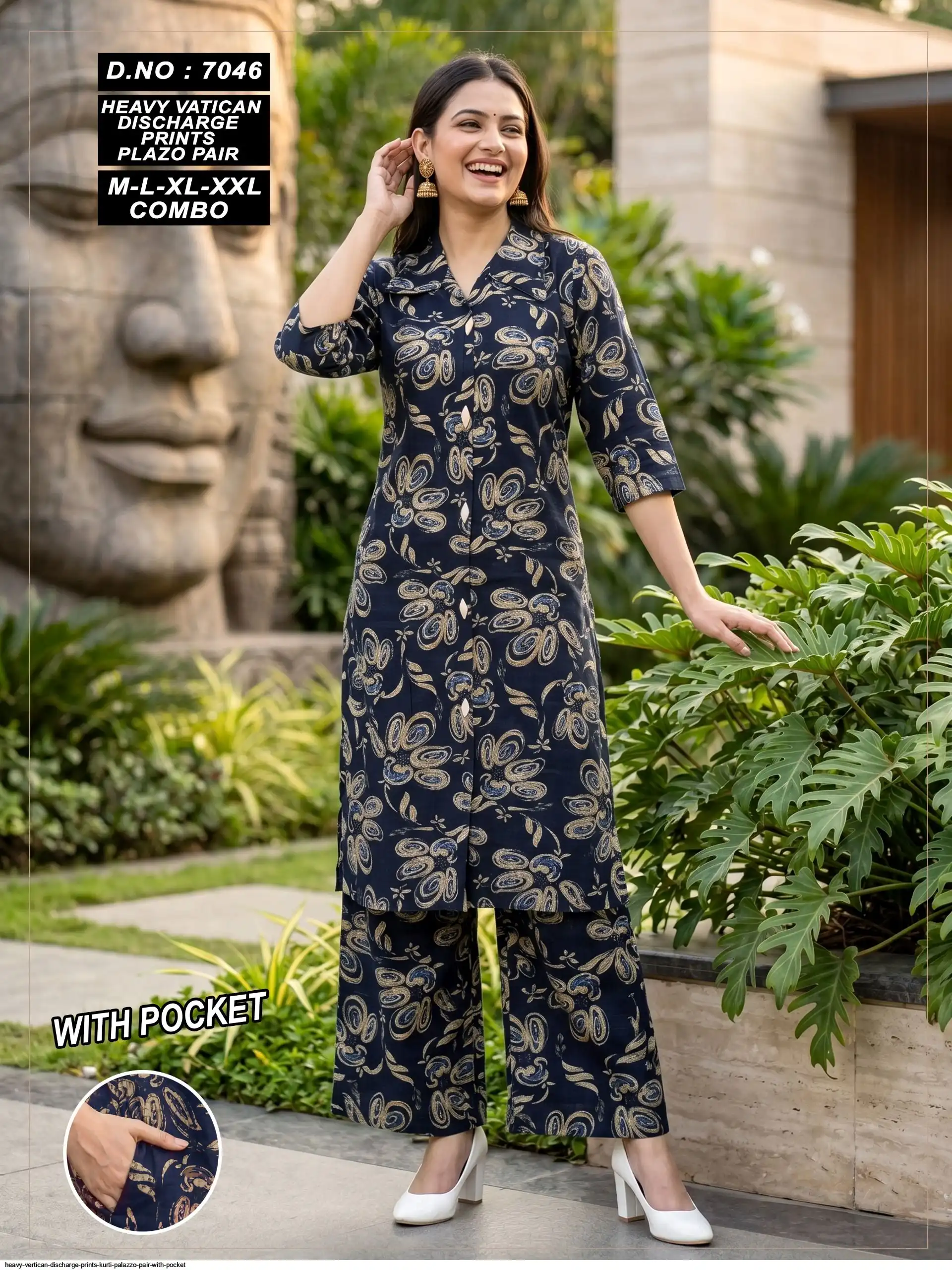 HEAVY VERTICAN DISCHARGE PRINTS KURTI PALAZZO PAIR WITH POCKET 7046
