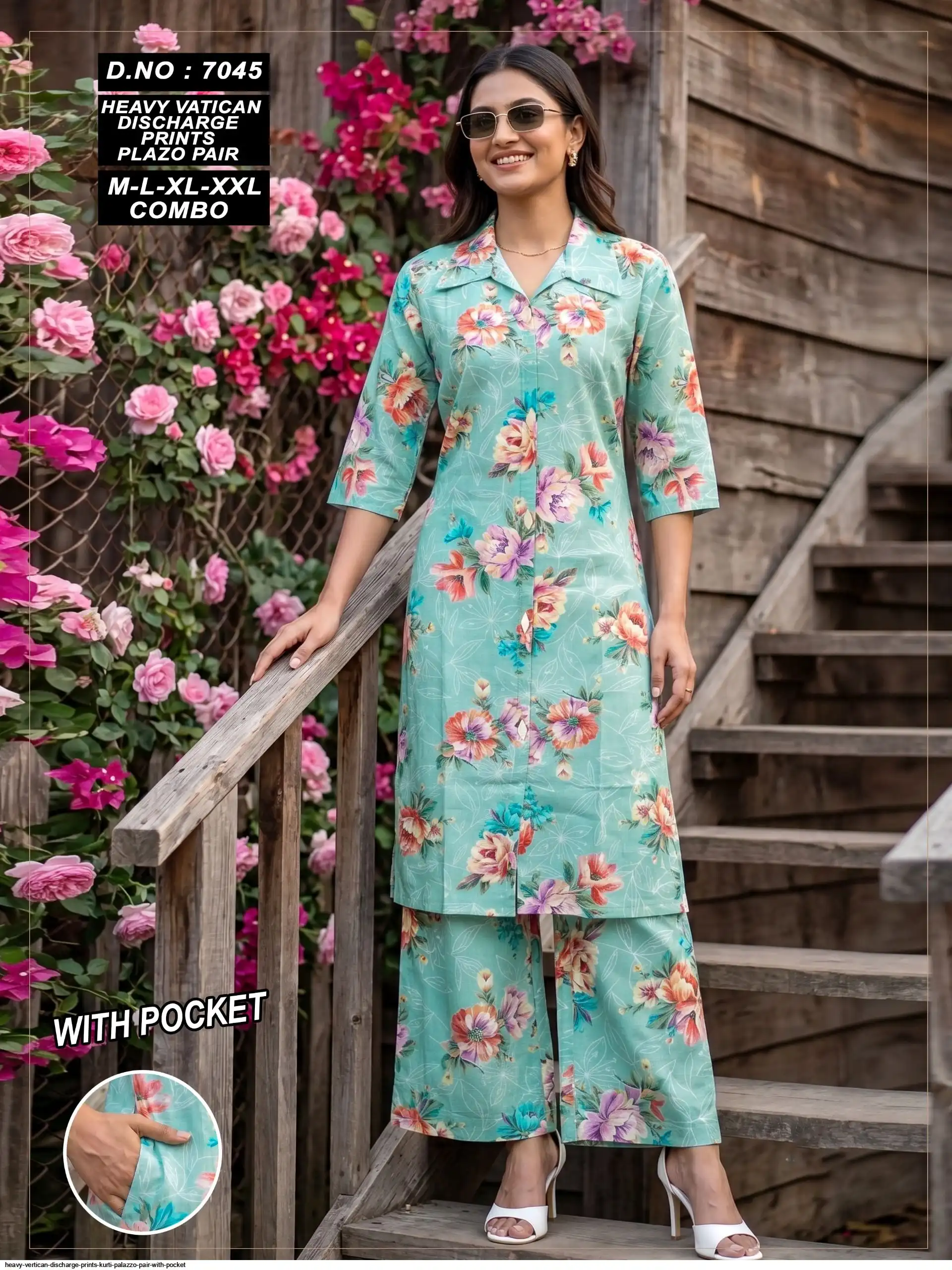 HEAVY VERTICAN DISCHARGE PRINTS KURTI PALAZZO PAIR WITH POCKET 7045