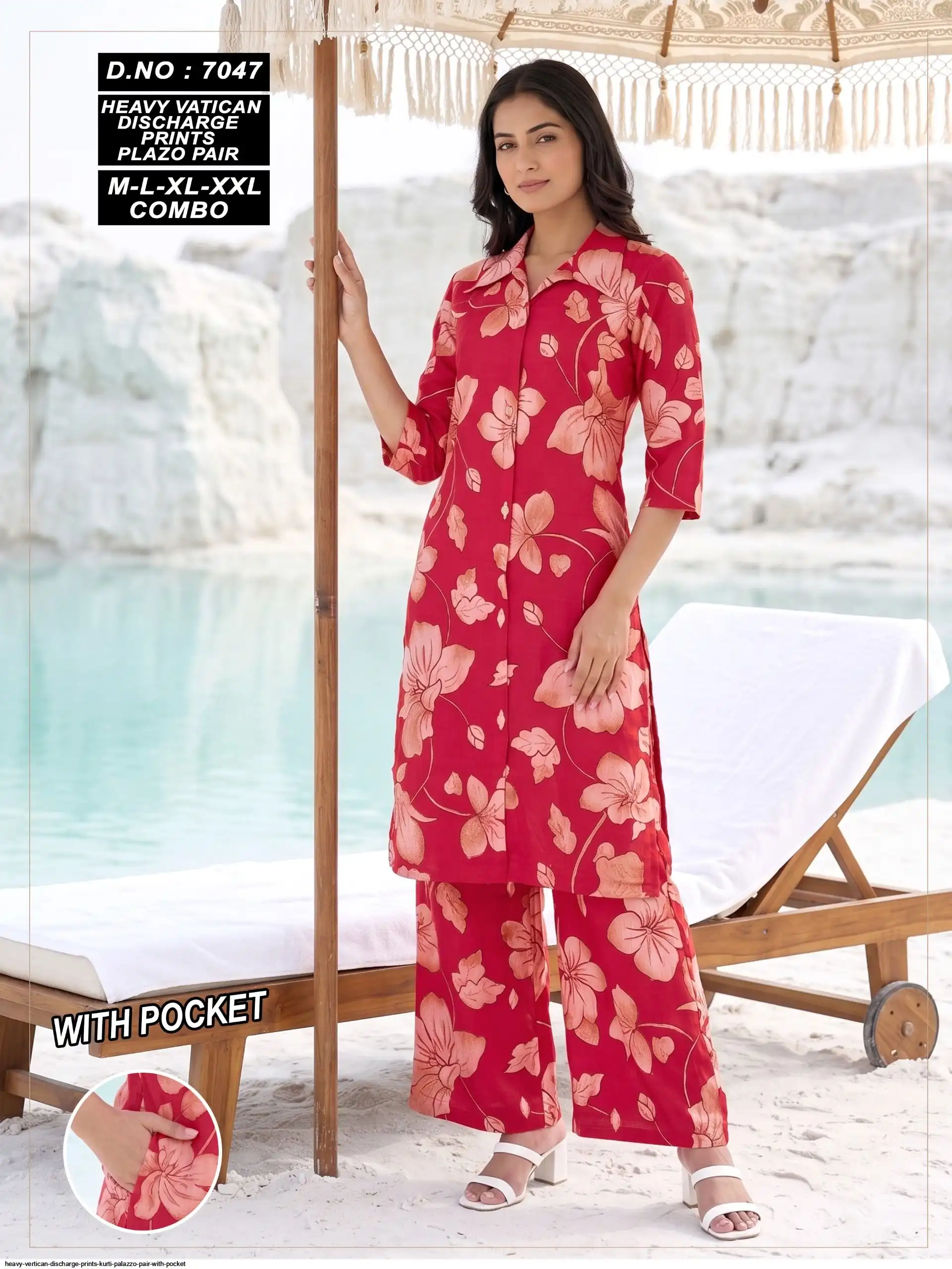 HEAVY VERTICAN DISCHARGE PRINTS KURTI PALAZZO PAIR WITH POCKET 7047