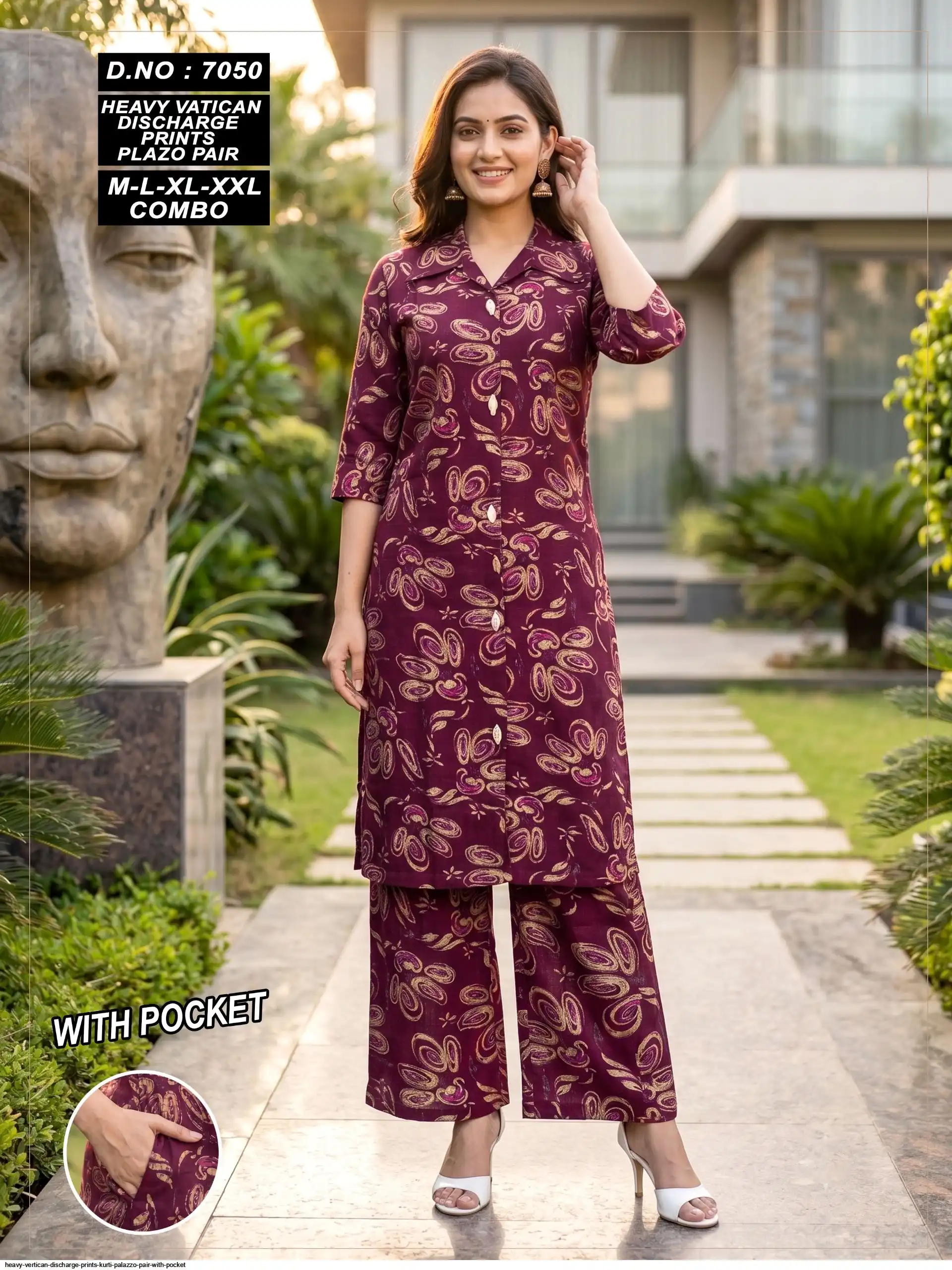 HEAVY VERTICAN DISCHARGE PRINTS KURTI PALAZZO PAIR WITH POCKET 7050