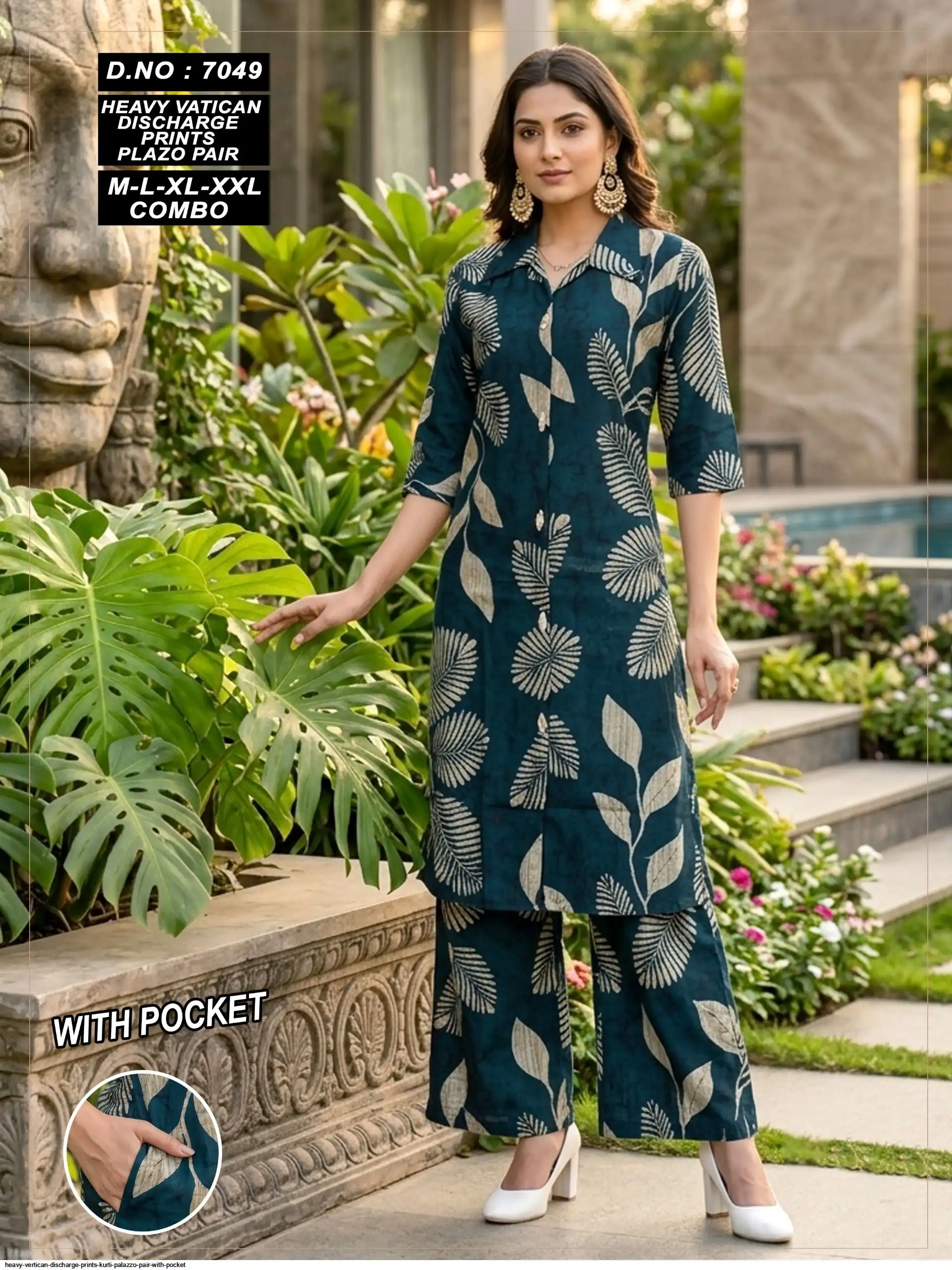 HEAVY VERTICAN DISCHARGE PRINTS KURTI PALAZZO PAIR WITH POCKET 7049