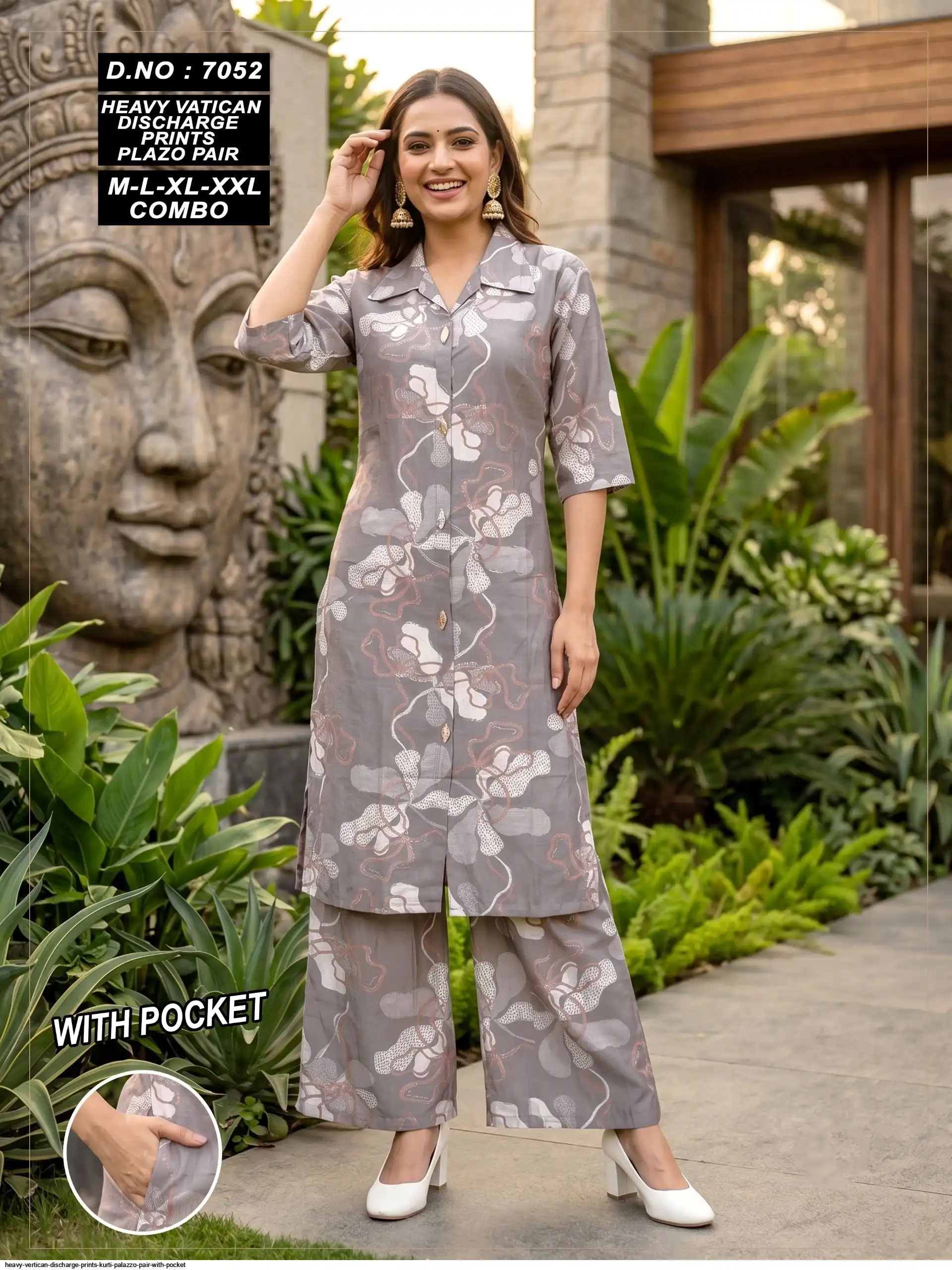 HEAVY VERTICAN DISCHARGE PRINTS KURTI PALAZZO PAIR WITH POCKET 7052