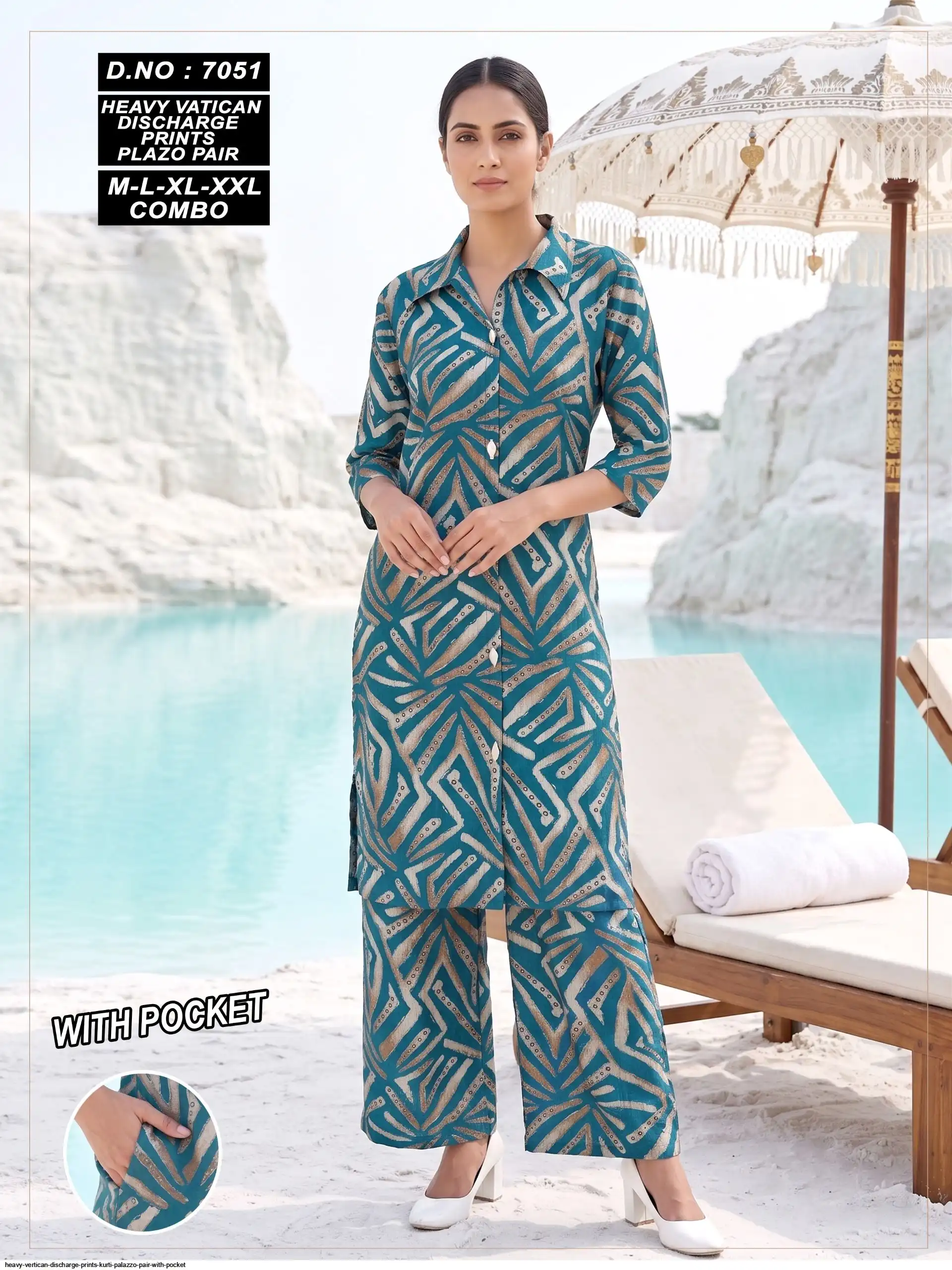 HEAVY VERTICAN DISCHARGE PRINTS KURTI PALAZZO PAIR WITH POCKET 7051
