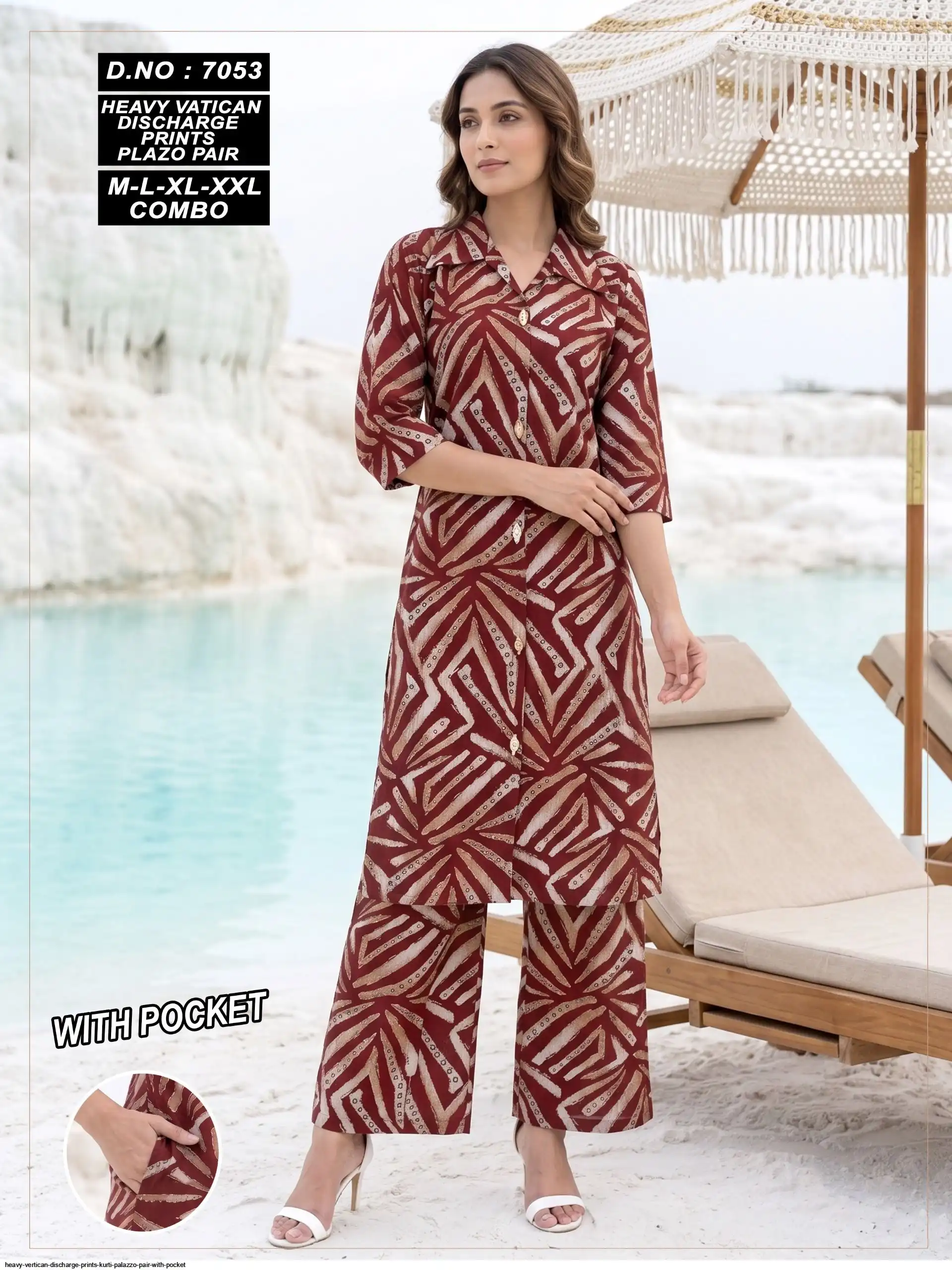 HEAVY VERTICAN DISCHARGE PRINTS KURTI PALAZZO PAIR WITH POCKET 7053