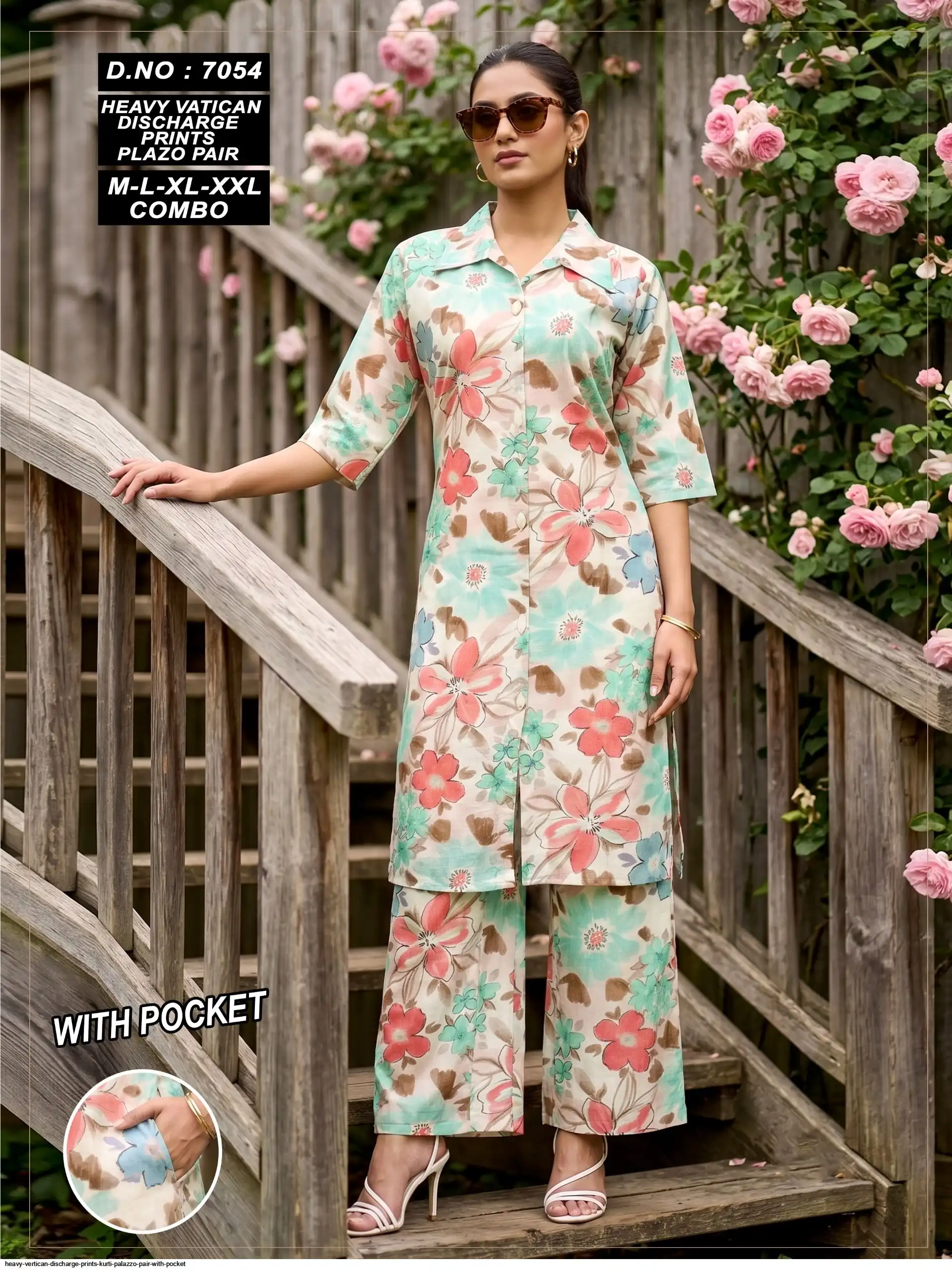 HEAVY VERTICAN DISCHARGE PRINTS KURTI PALAZZO PAIR WITH POCKET 7054