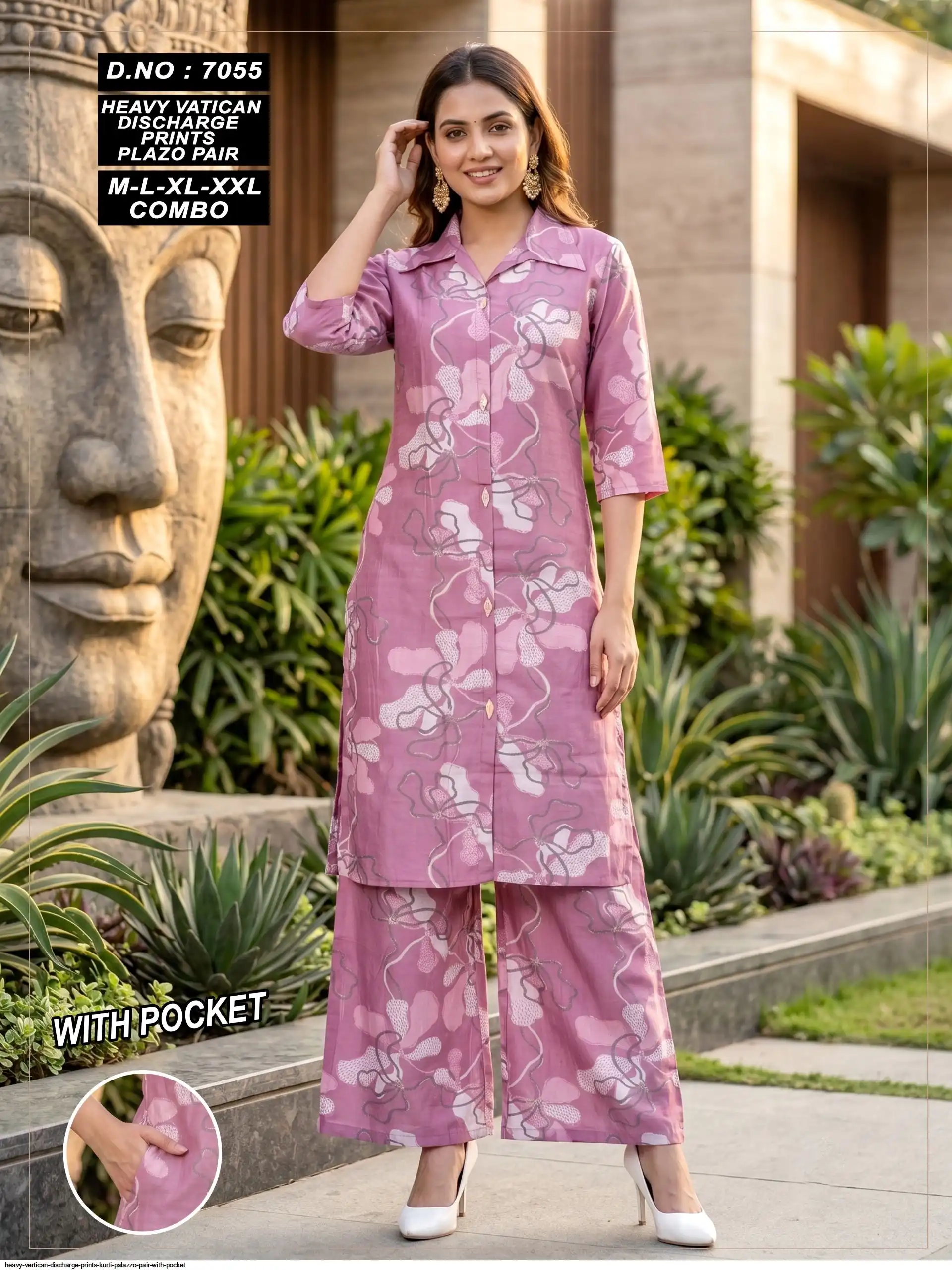 HEAVY VERTICAN DISCHARGE PRINTS KURTI PALAZZO PAIR WITH POCKET 7055