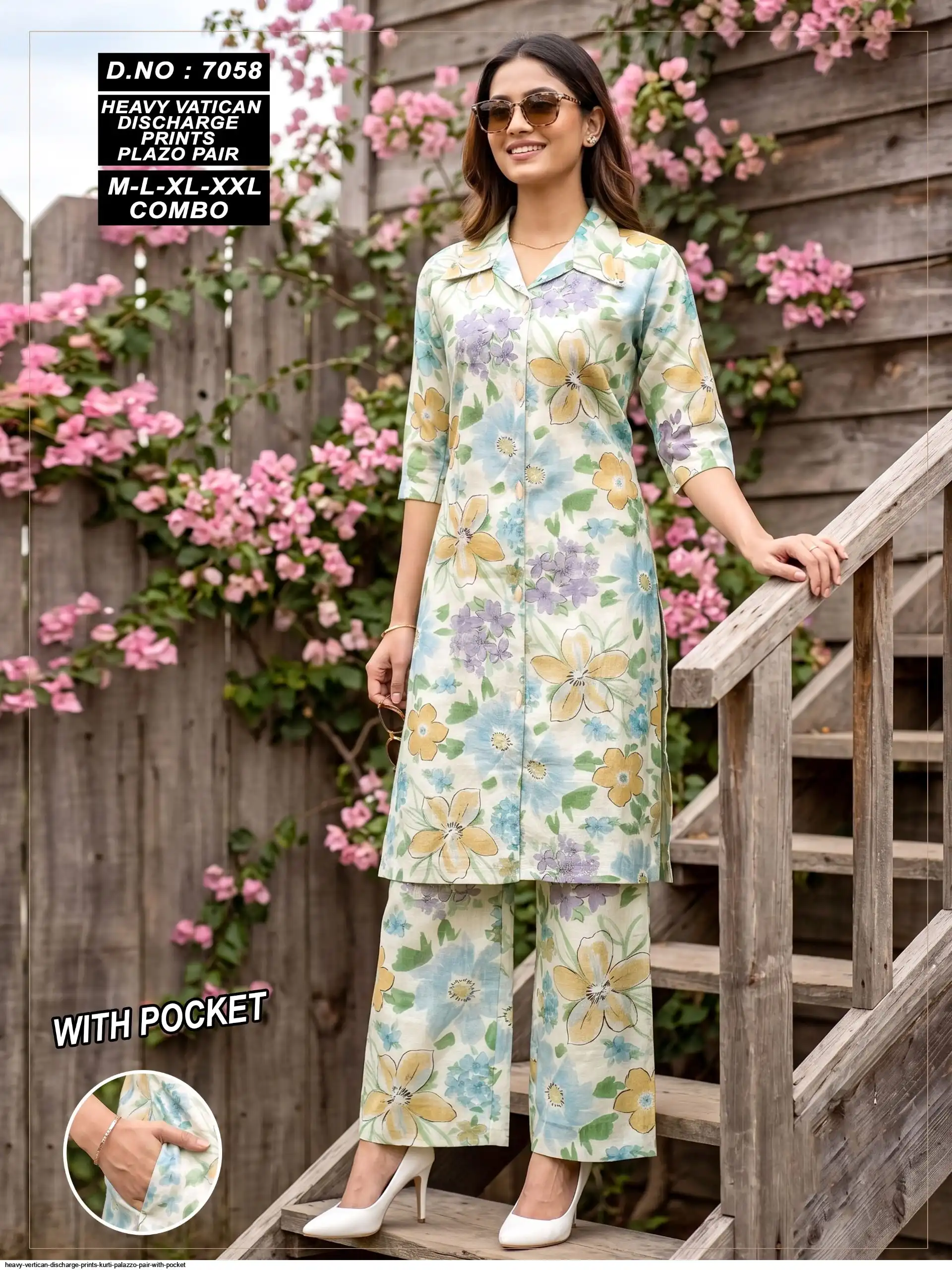 HEAVY VERTICAN DISCHARGE PRINTS KURTI PALAZZO PAIR WITH POCKET 7058