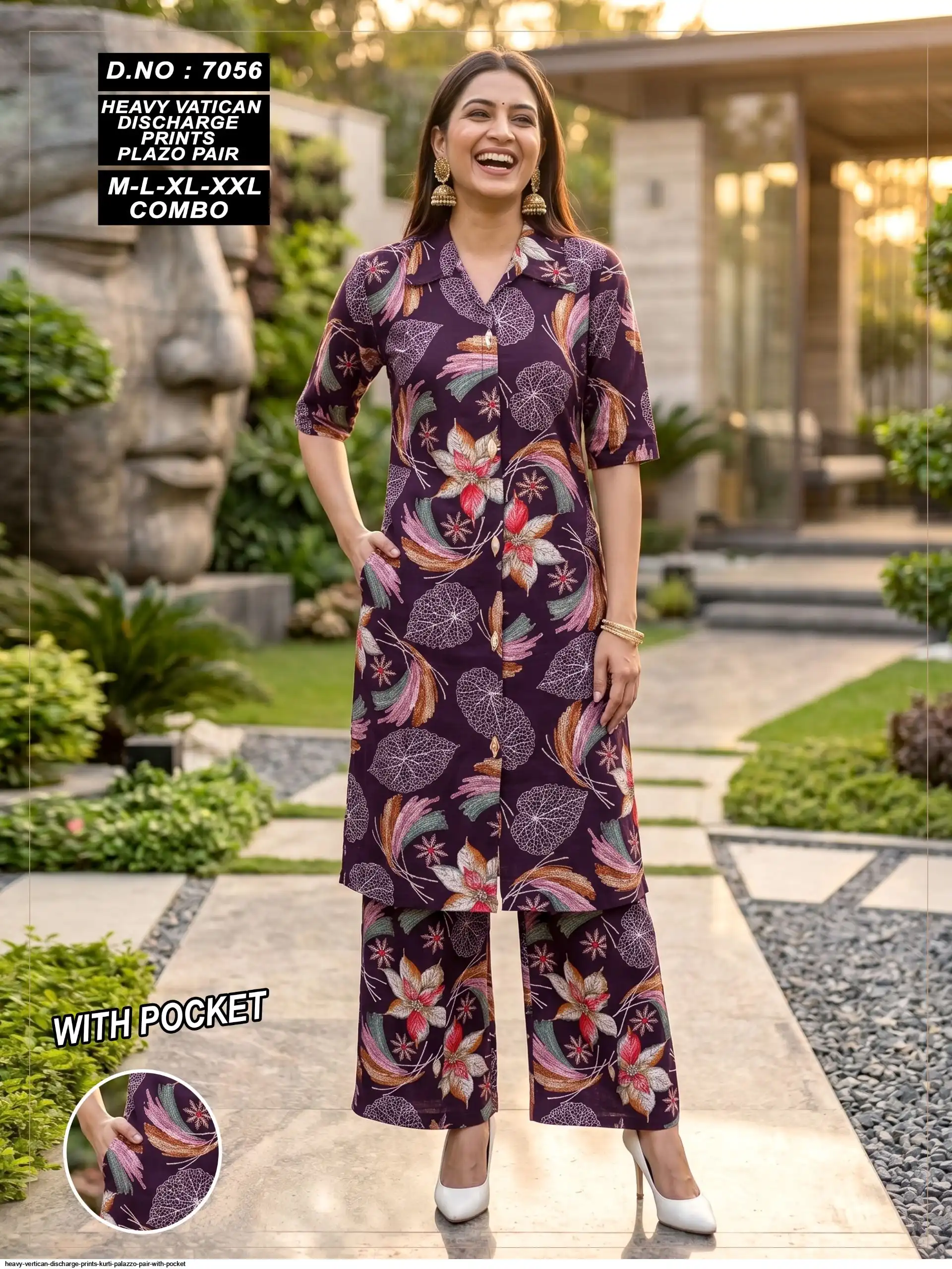 HEAVY VERTICAN DISCHARGE PRINTS KURTI PALAZZO PAIR WITH POCKET 7056