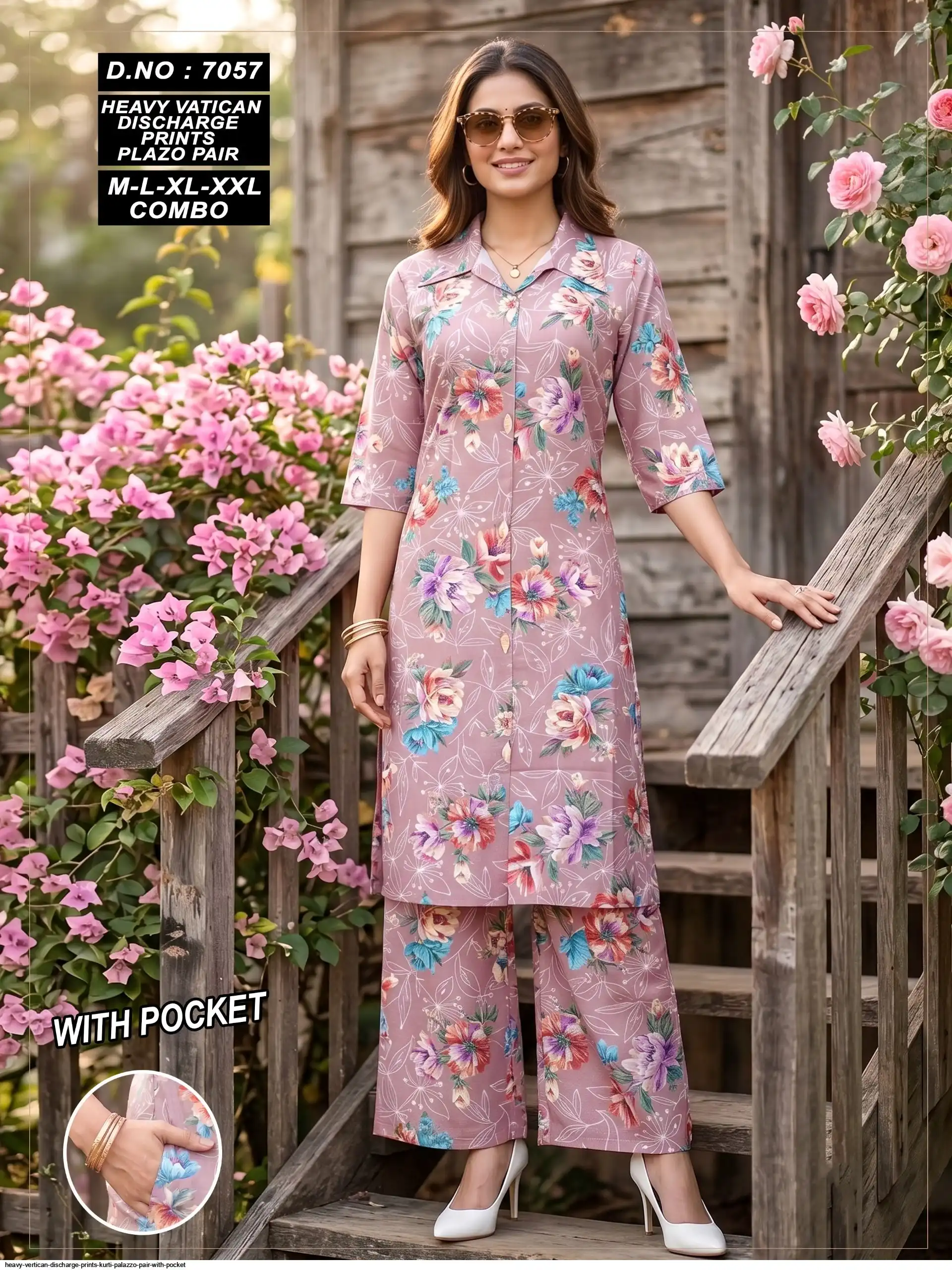 HEAVY VERTICAN DISCHARGE PRINTS KURTI PALAZZO PAIR WITH POCKET 7057