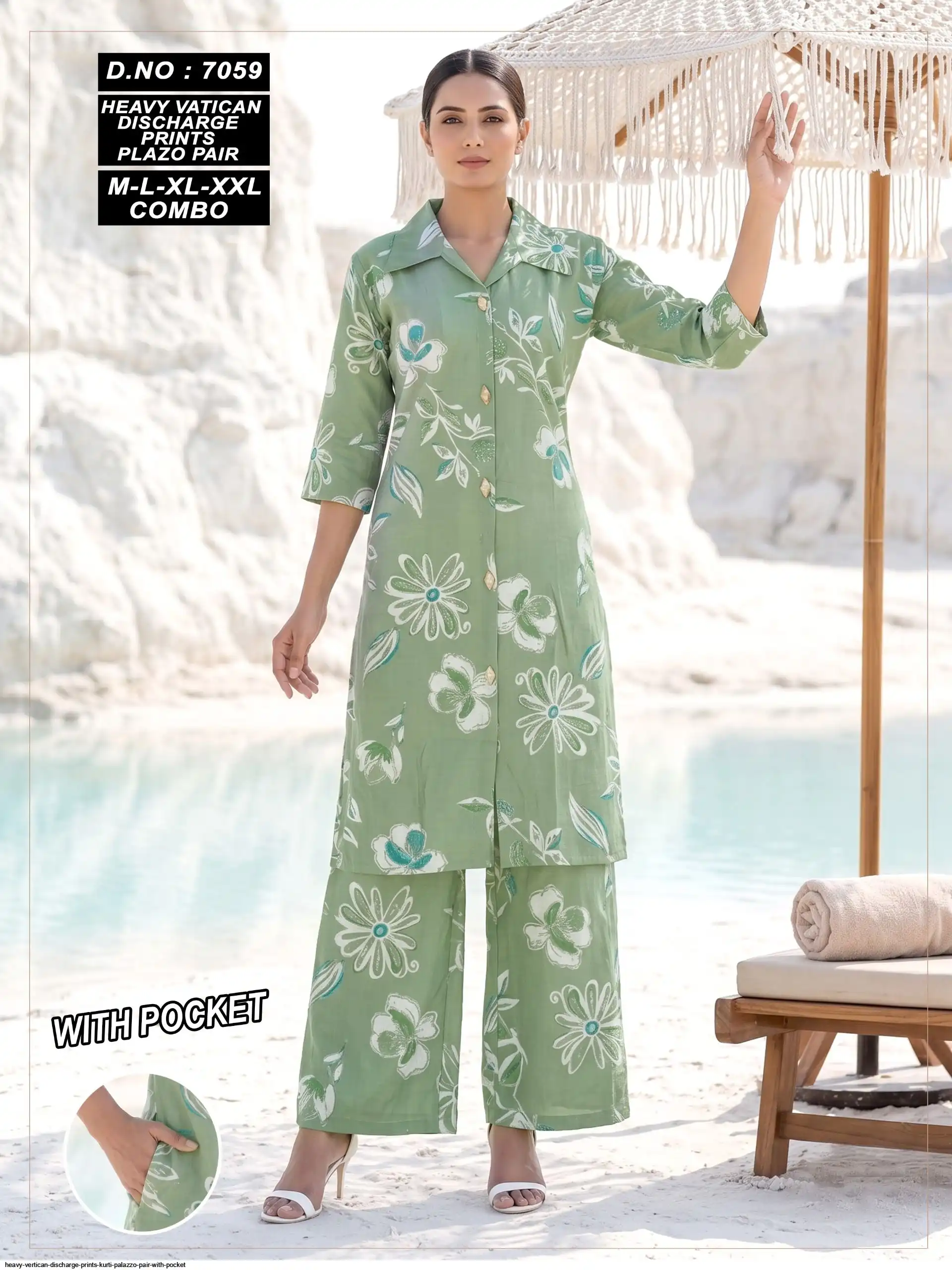 HEAVY VERTICAN DISCHARGE PRINTS KURTI PALAZZO PAIR WITH POCKET 7059