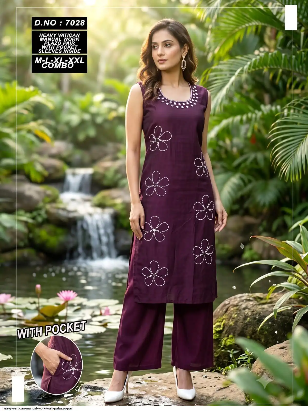 HEAVY VERTICAN MANUAL WORK KURTI PALAZZO PAIR 7028