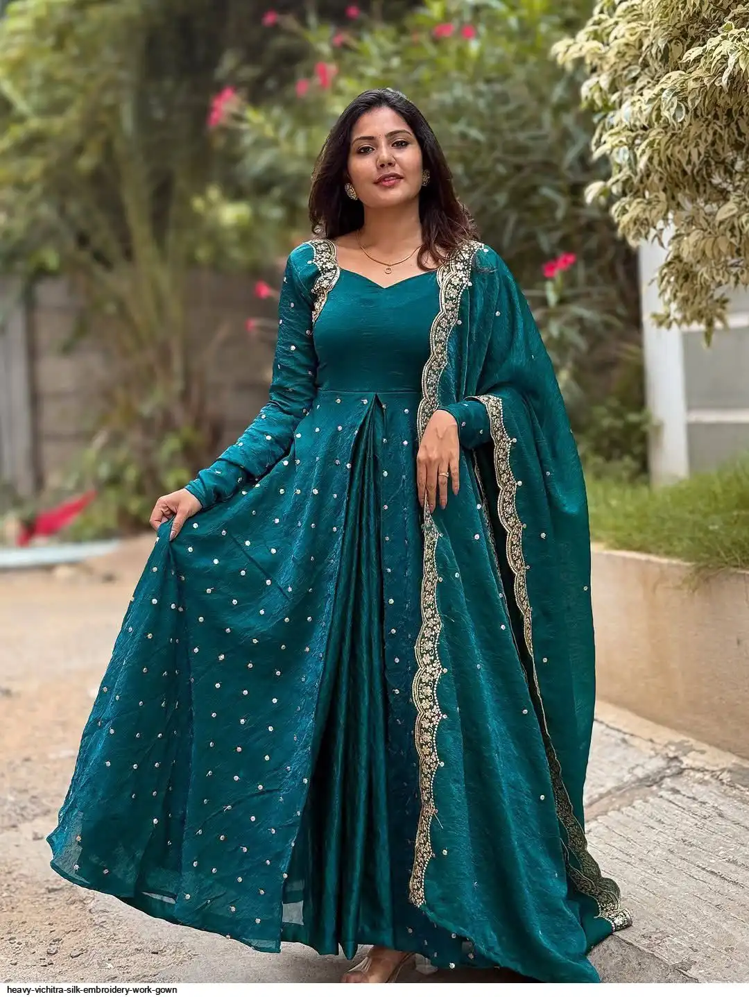 HEAVY VICHITRA SILK EMBROIDERY WORK GOWN B
