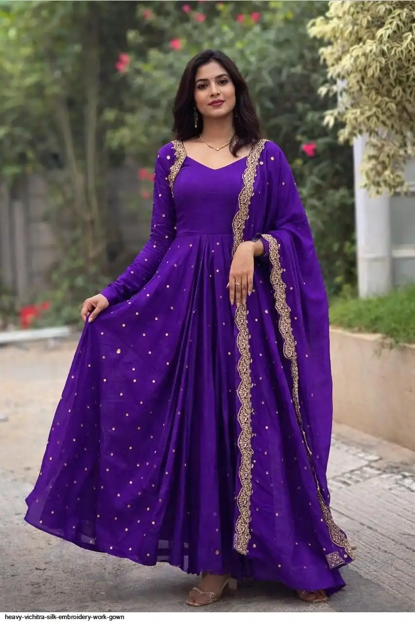 HEAVY VICHITRA SILK EMBROIDERY WORK GOWN D