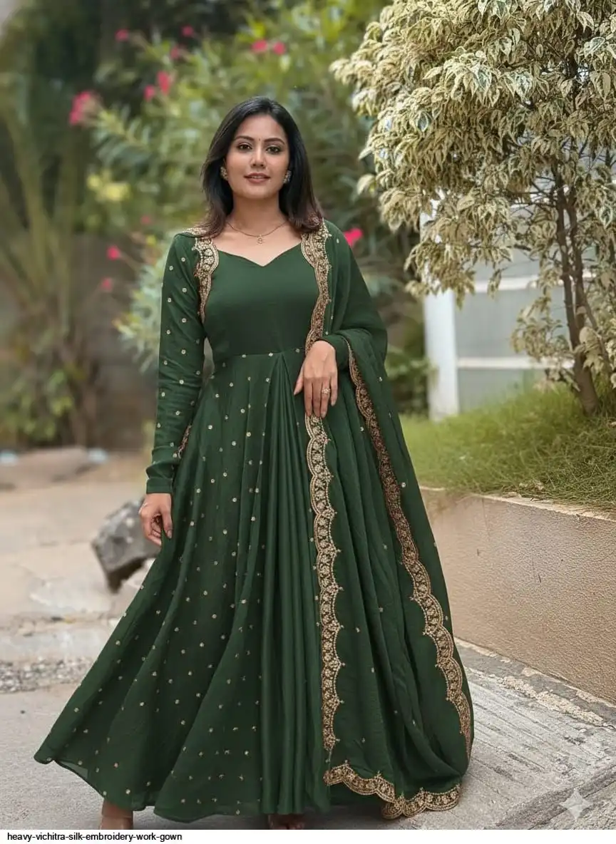 HEAVY VICHITRA SILK EMBROIDERY WORK GOWN A