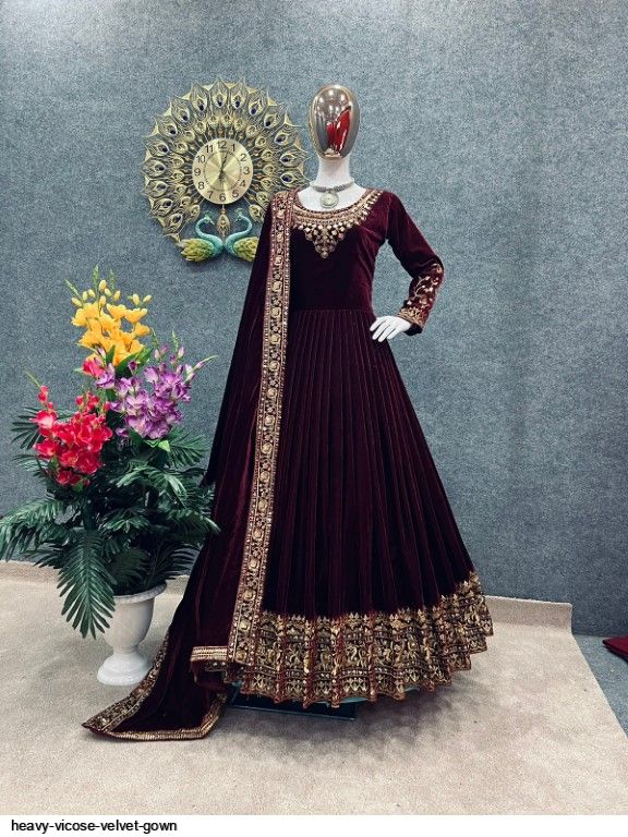 Maroon Velvet Gown with Floral Embellishments – Pinkcow Designs Private  Limited
